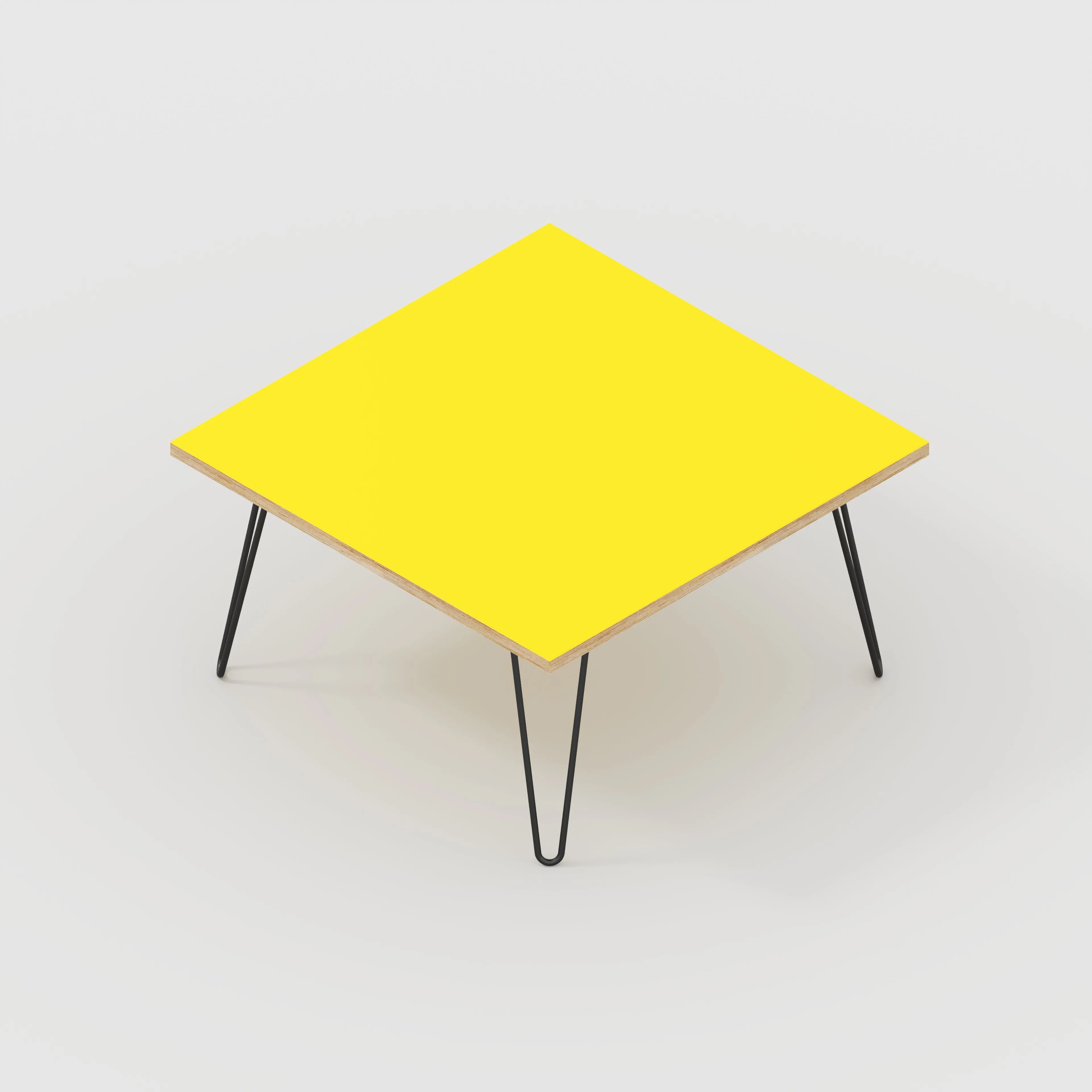 Plywood Coffee Table with Black Hairpin Legs - Formica Chrome Yellow - 800(w) x 800(d) x 425(h)