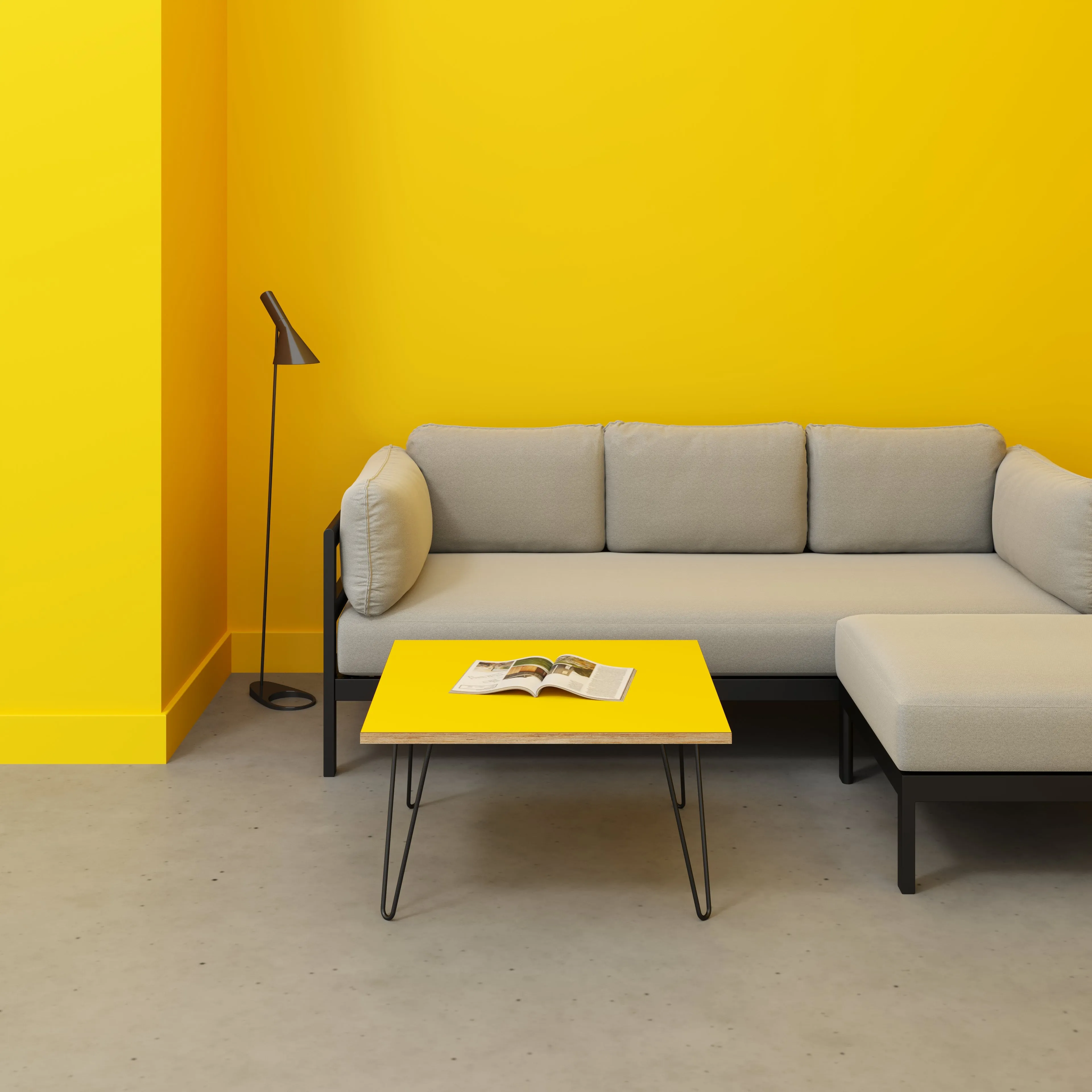 Plywood Coffee Table with Black Hairpin Legs - Formica Chrome Yellow - 800(w) x 800(d) x 425(h)