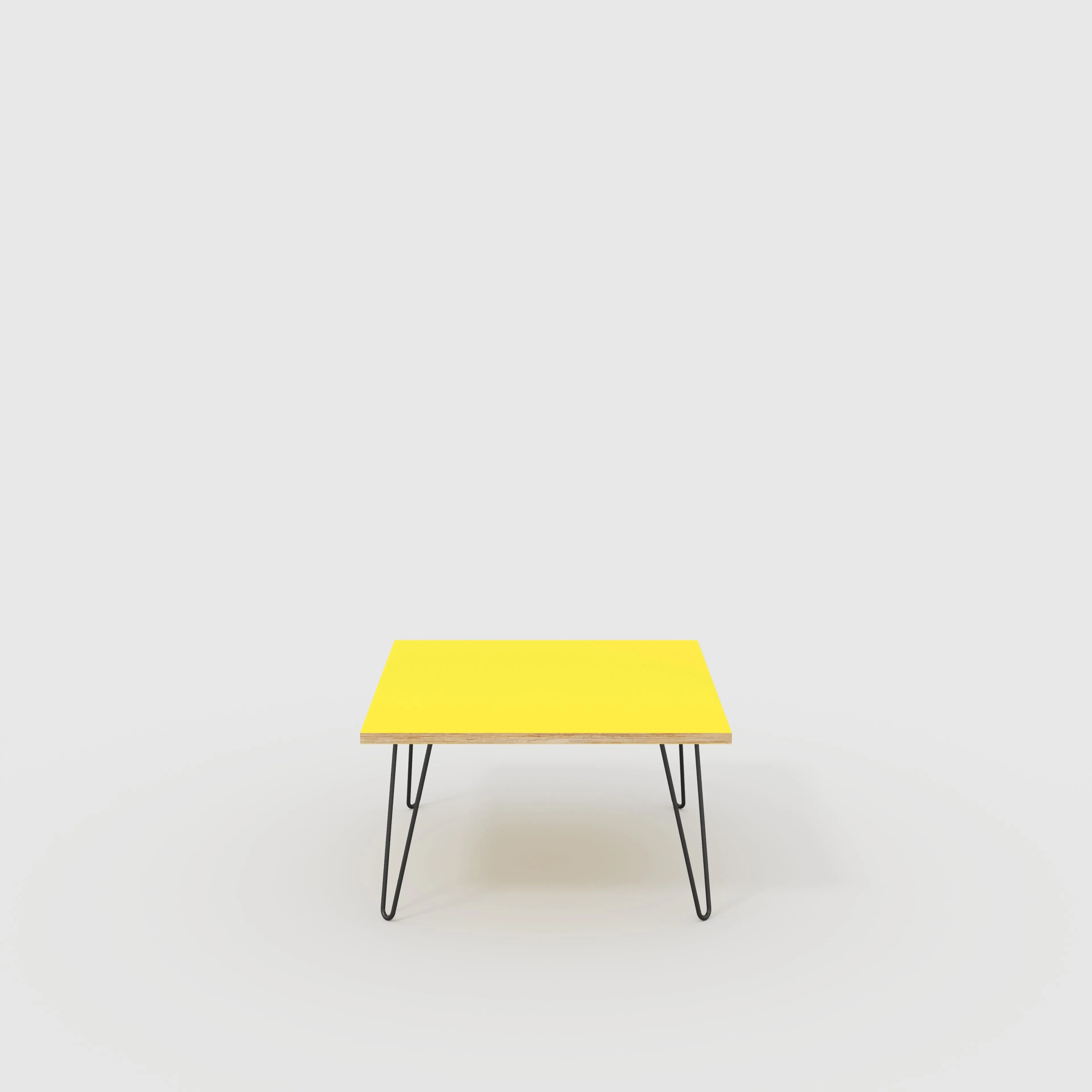 Plywood Coffee Table with Black Hairpin Legs - Formica Chrome Yellow - 800(w) x 800(d) x 425(h)