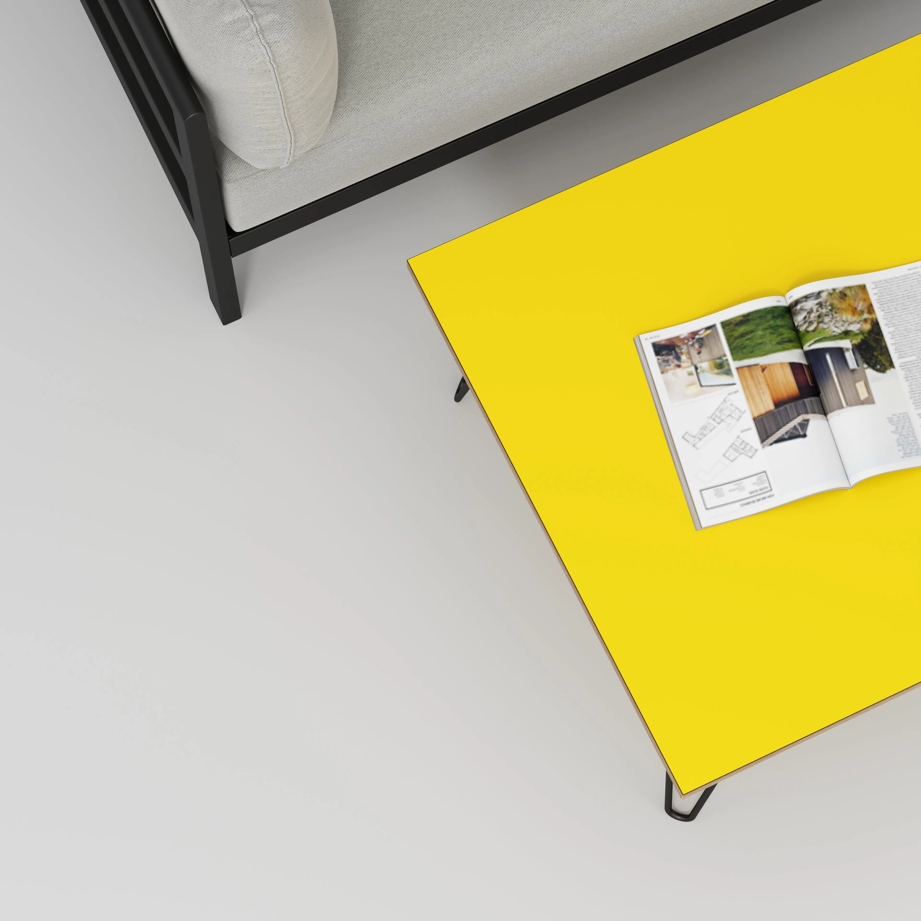 Plywood Coffee Table with Black Hairpin Legs - Formica Chrome Yellow - 800(w) x 800(d) x 425(h)