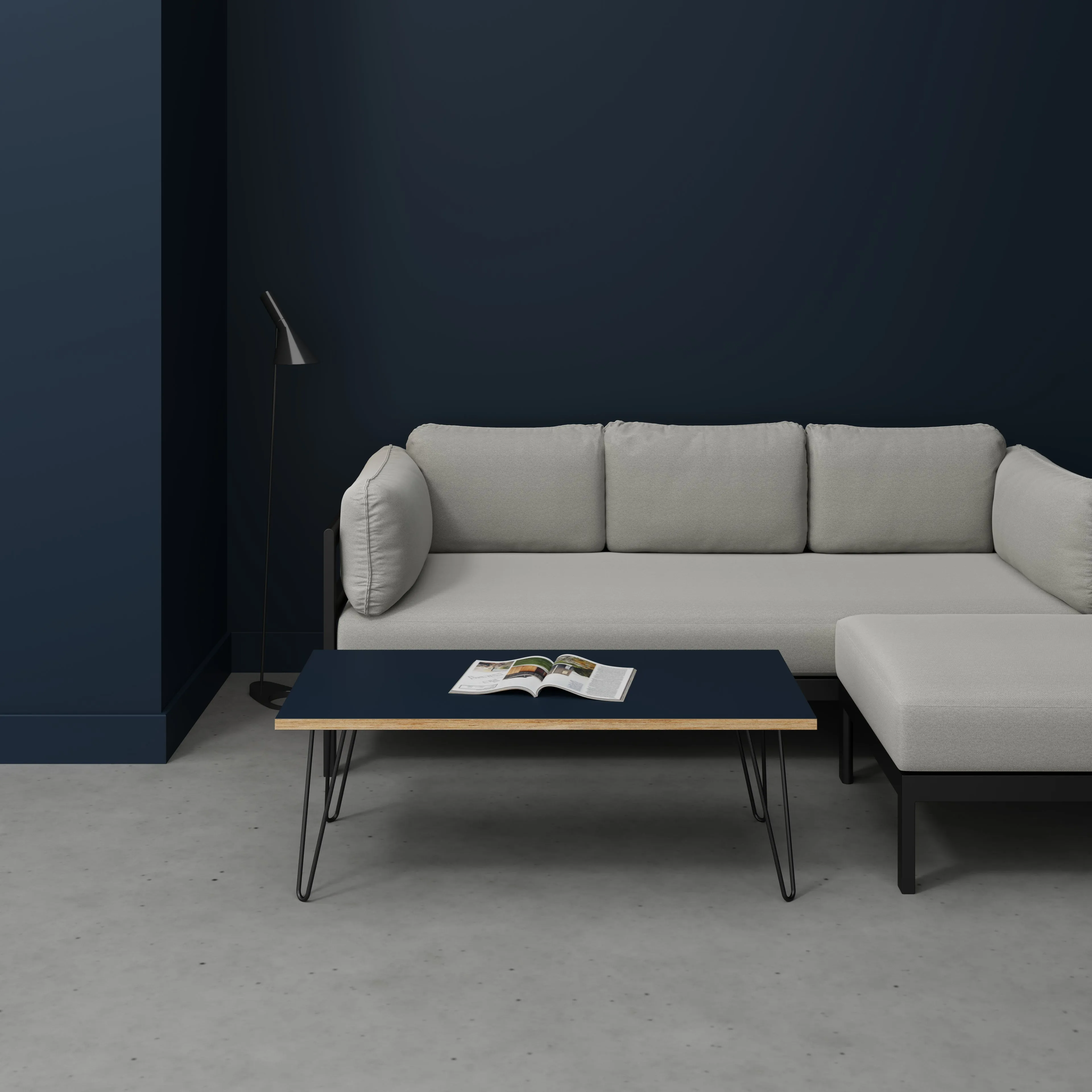 Plywood Coffee Table with Black Hairpin Legs - Formica Night Sea Blue - 1200(w) x 600(d) x 425(h)