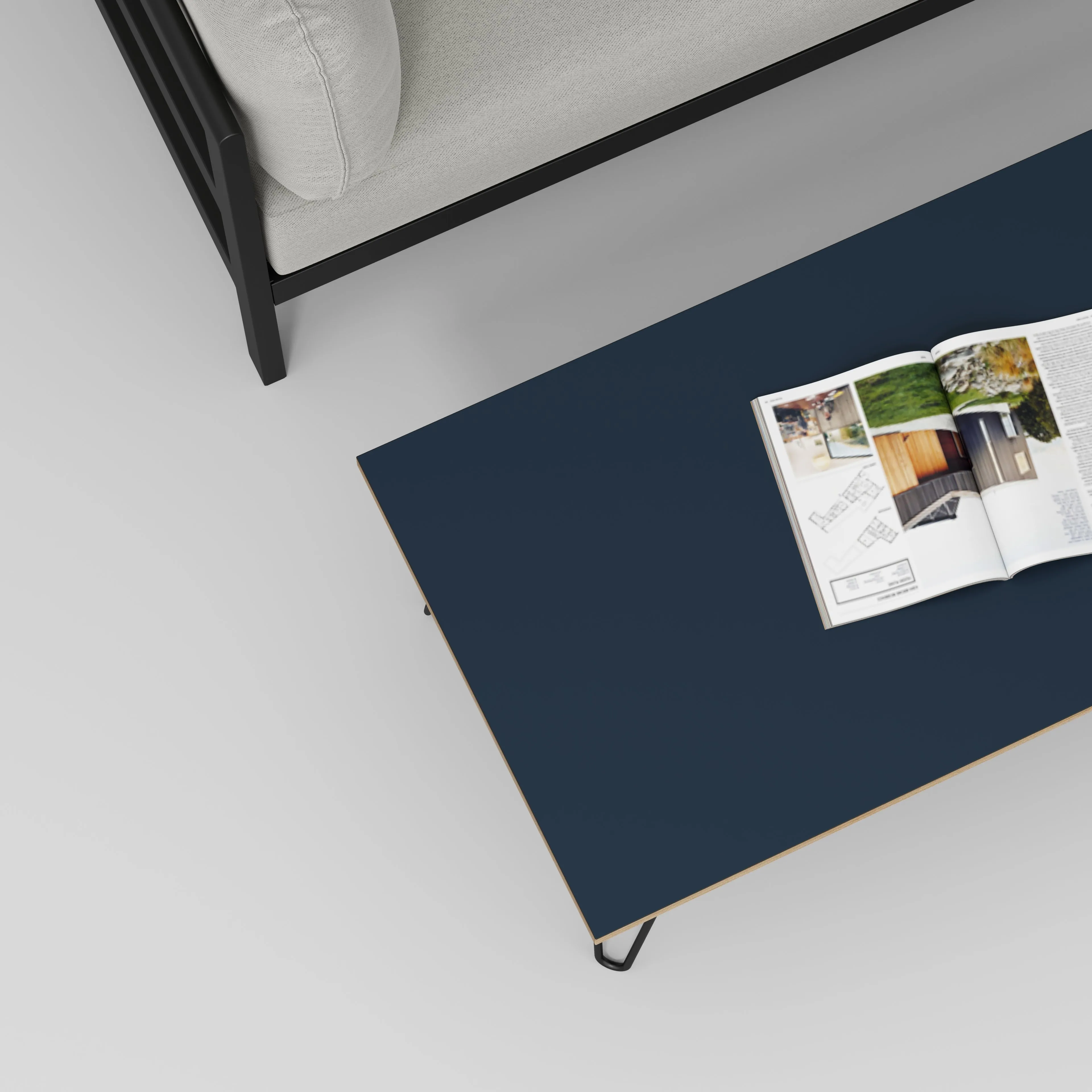 Plywood Coffee Table with Black Hairpin Legs - Formica Night Sea Blue - 1200(w) x 600(d) x 425(h)