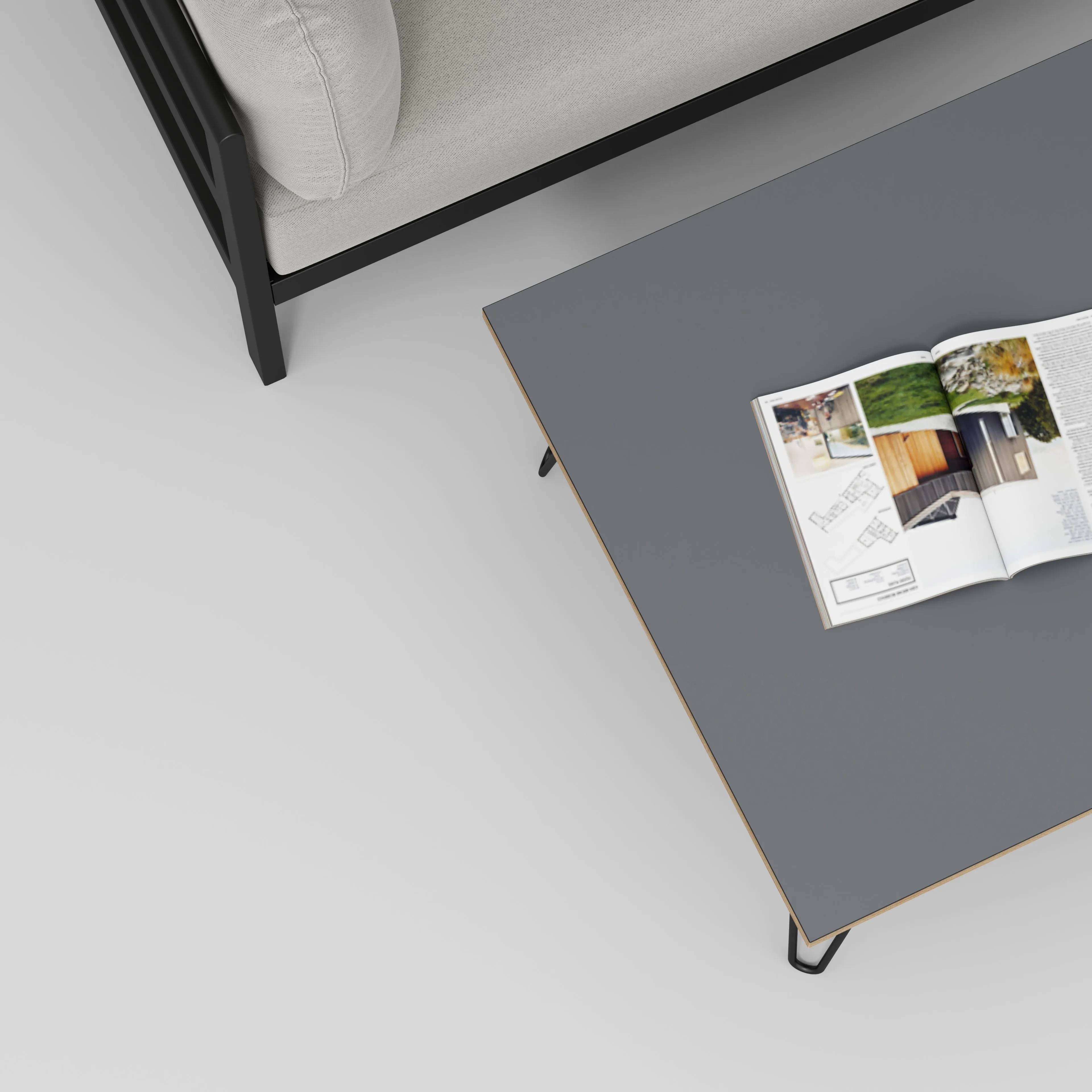 Plywood Coffee Table with Black Hairpin Legs - Formica Tornado Grey - 800(w) x 800(d) x 425(h)