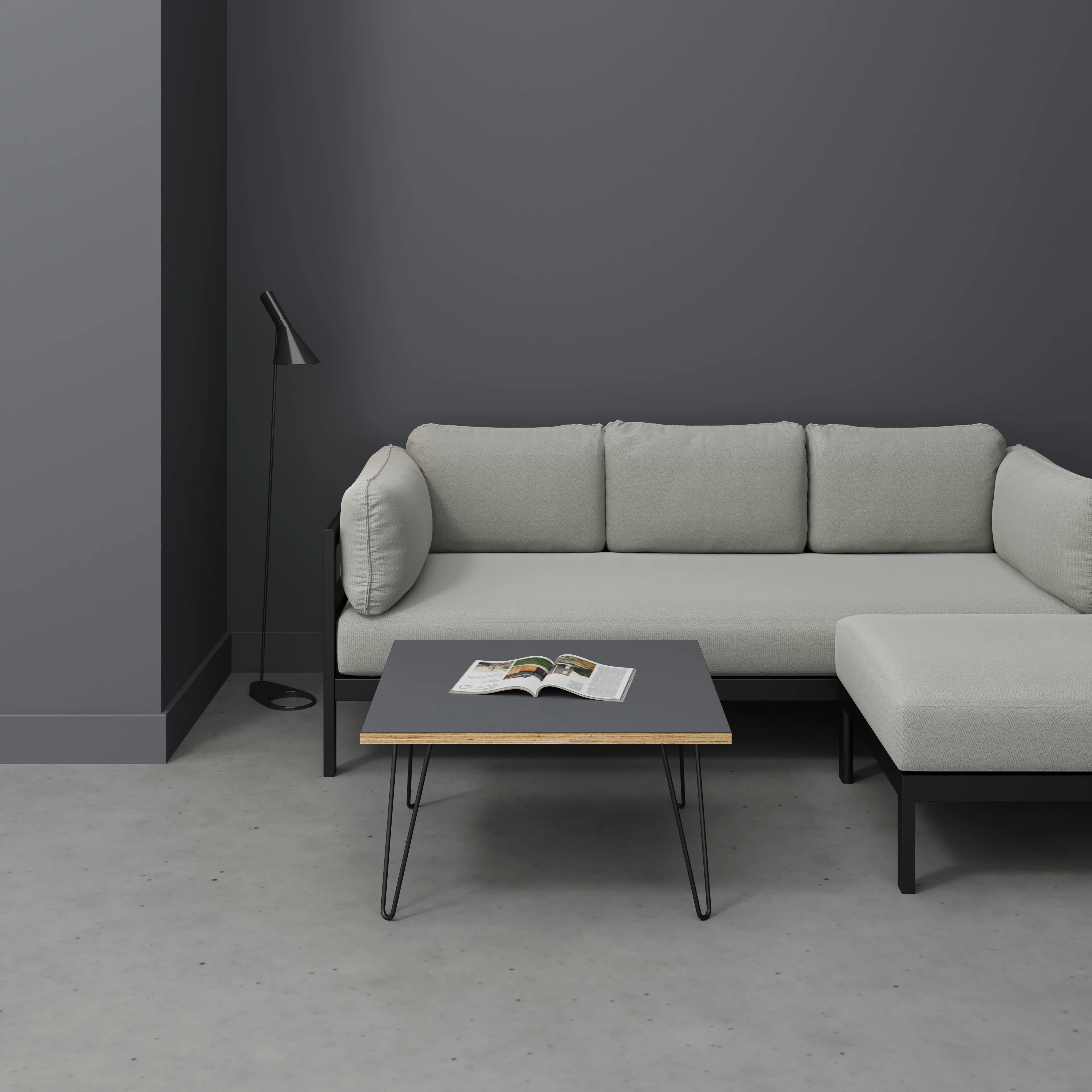 Plywood Coffee Table with Black Hairpin Legs - Formica Tornado Grey - 800(w) x 800(d) x 425(h)
