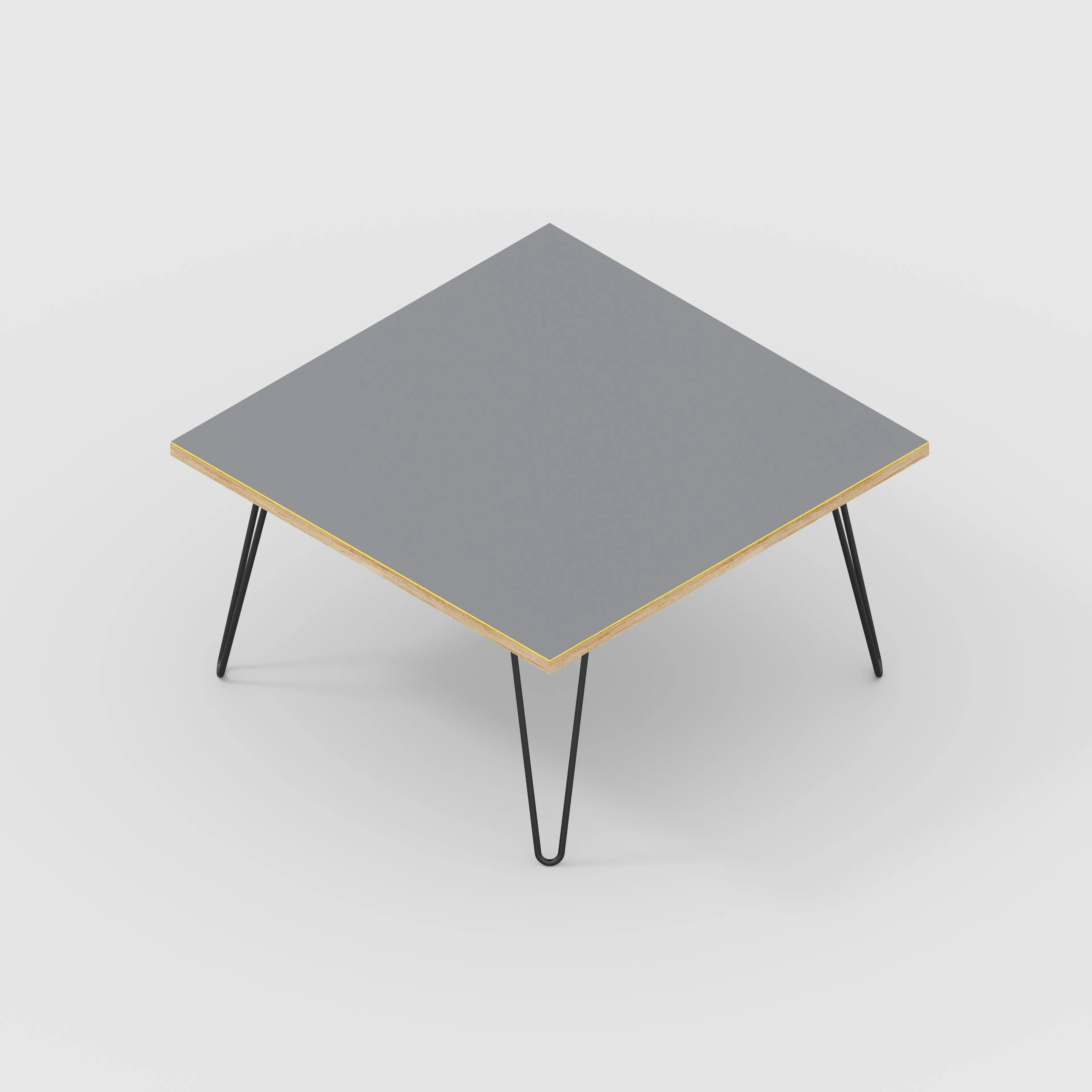 Plywood Coffee Table with Black Hairpin Legs - Formica Tornado Grey - 800(w) x 800(d) x 425(h)