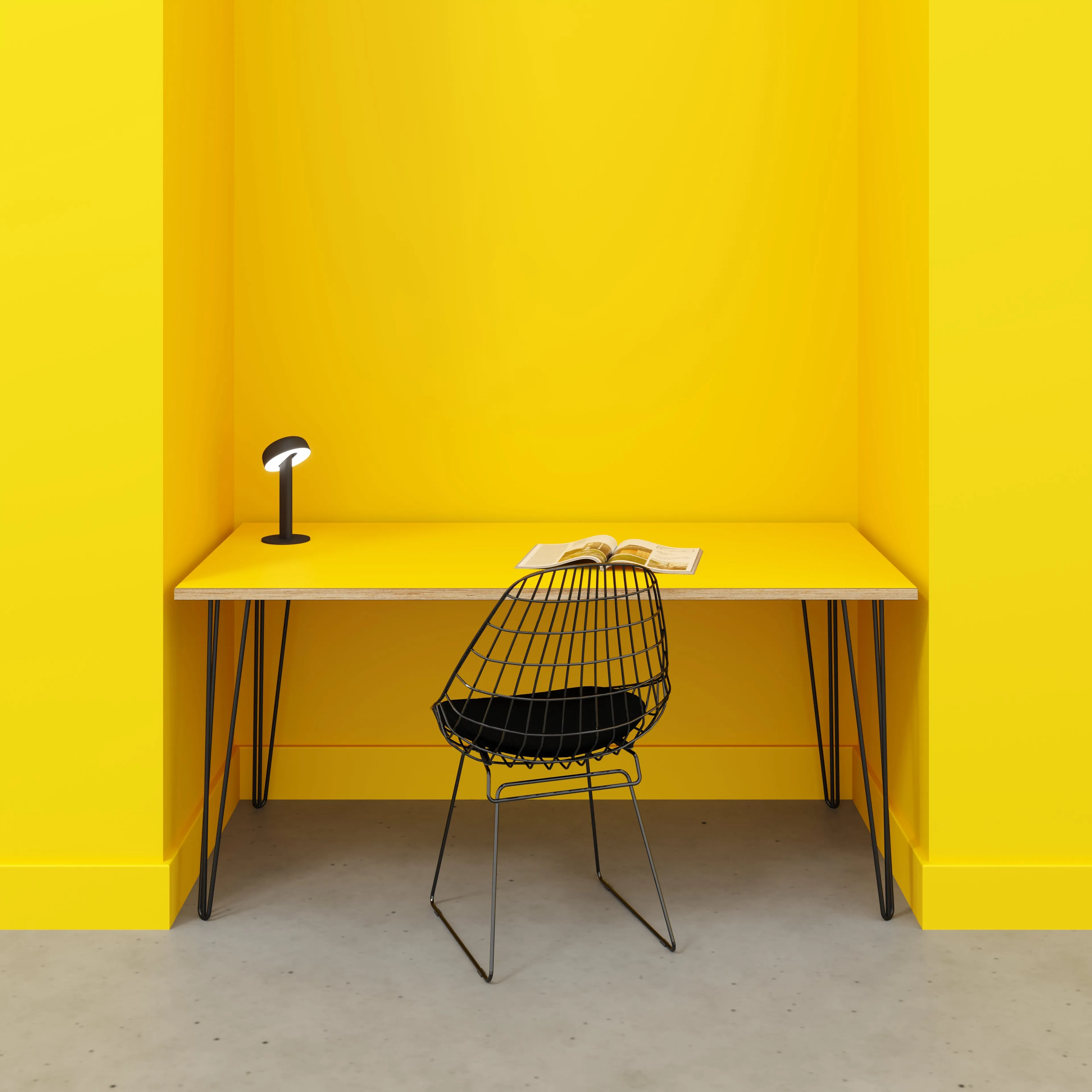 Plywood Desk with Black Hairpin Legs - Formica Chrome Yellow - 1600(w) x 800(d) x 735(h)