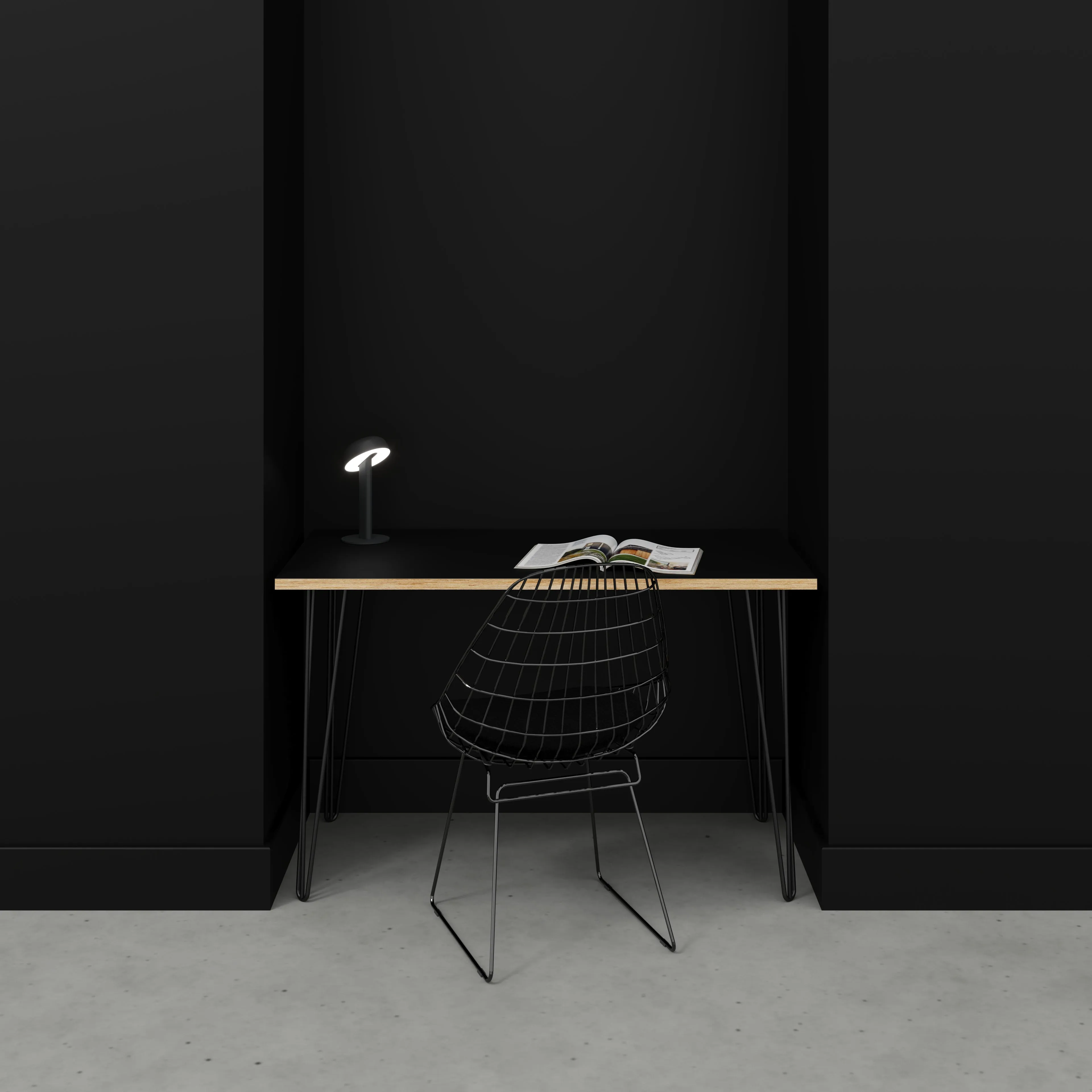 Plywood Desk with Black Hairpin Legs - Formica Diamond Black - 1200(w) x 600(d) x 735(h)