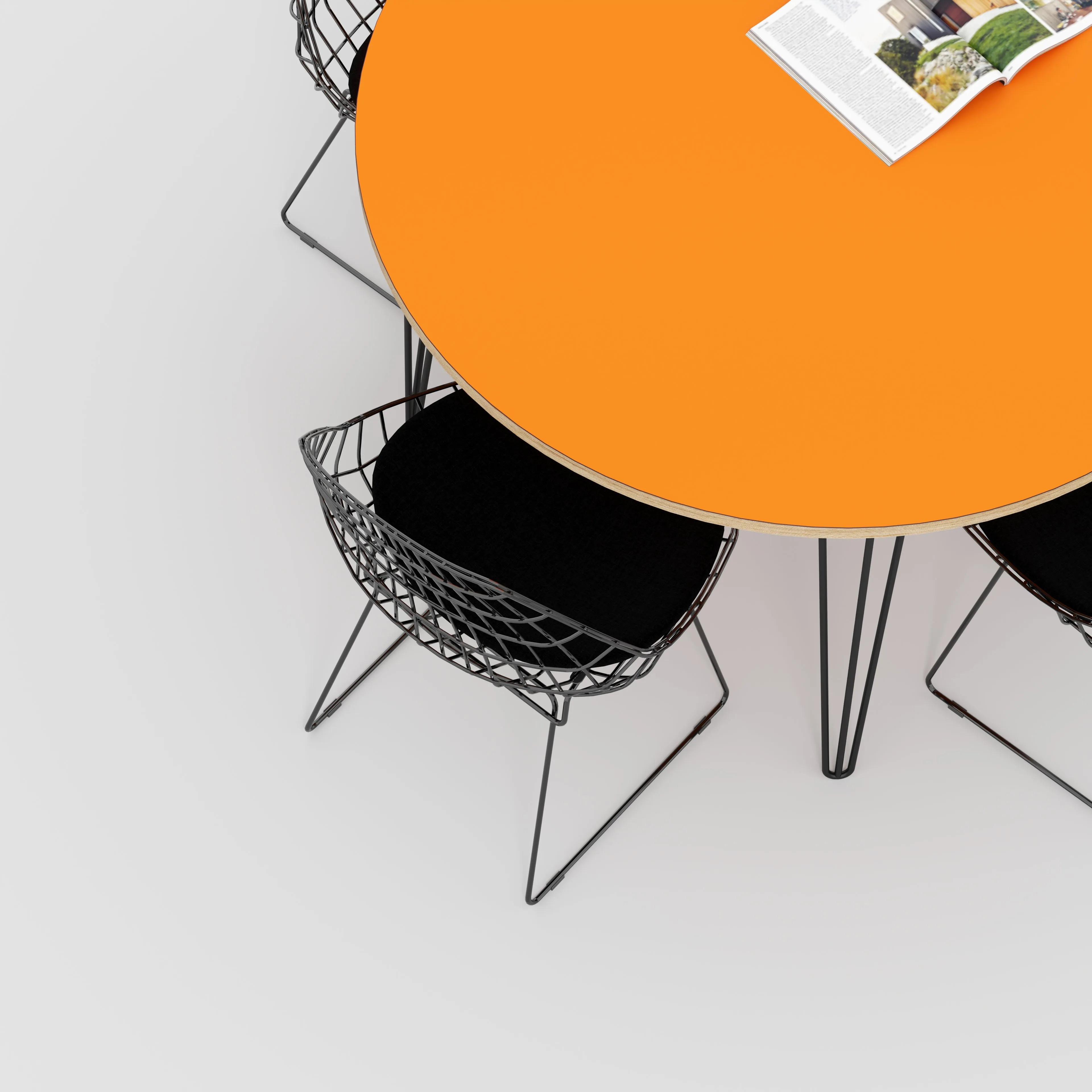 Plywood Round Table with Black Hairpin Legs - Formica Levante Orange - 1200(dia) x 735(h)