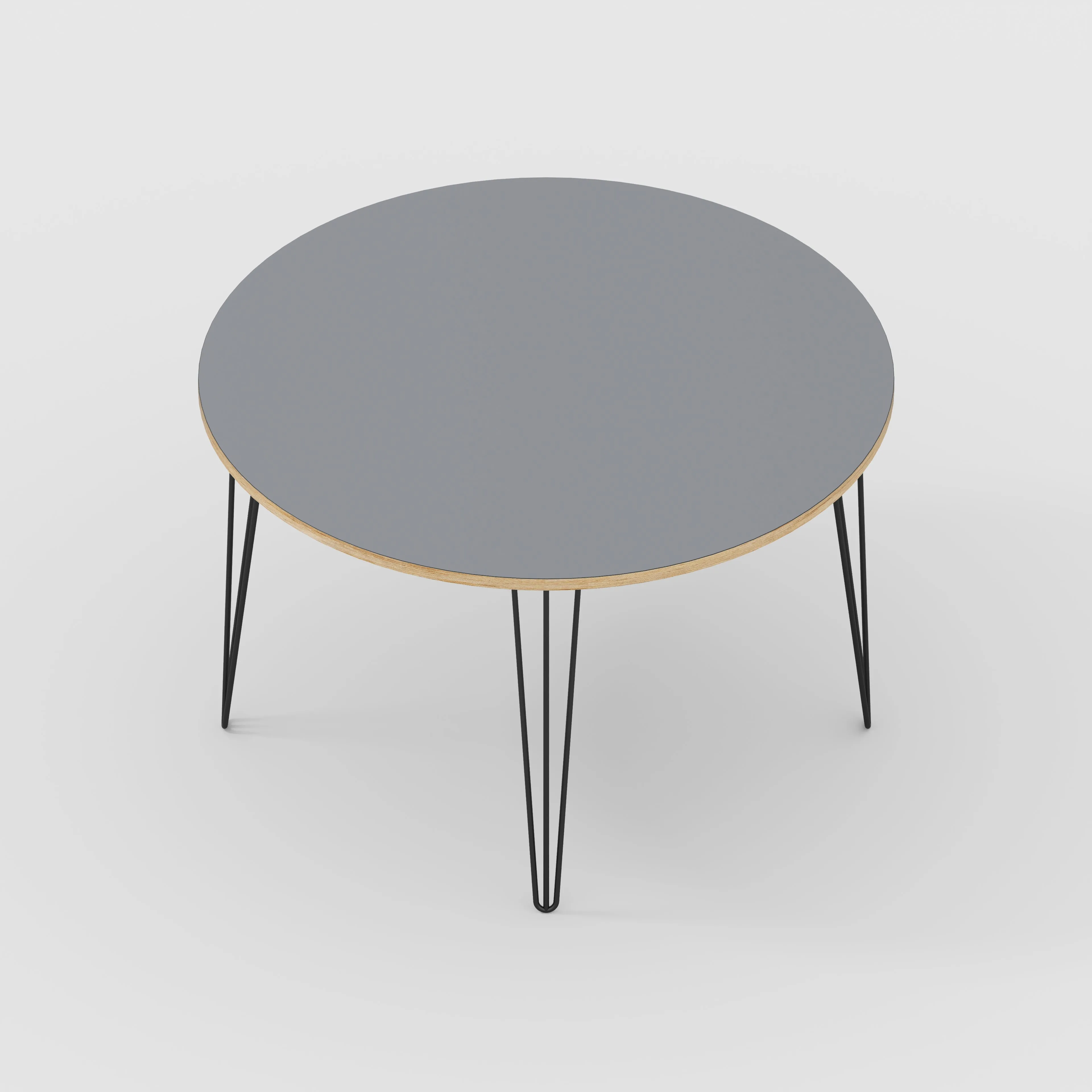 Plywood Round Table with Black Hairpin Legs - Formica Tornado Grey - 1200(dia) x 735(h)