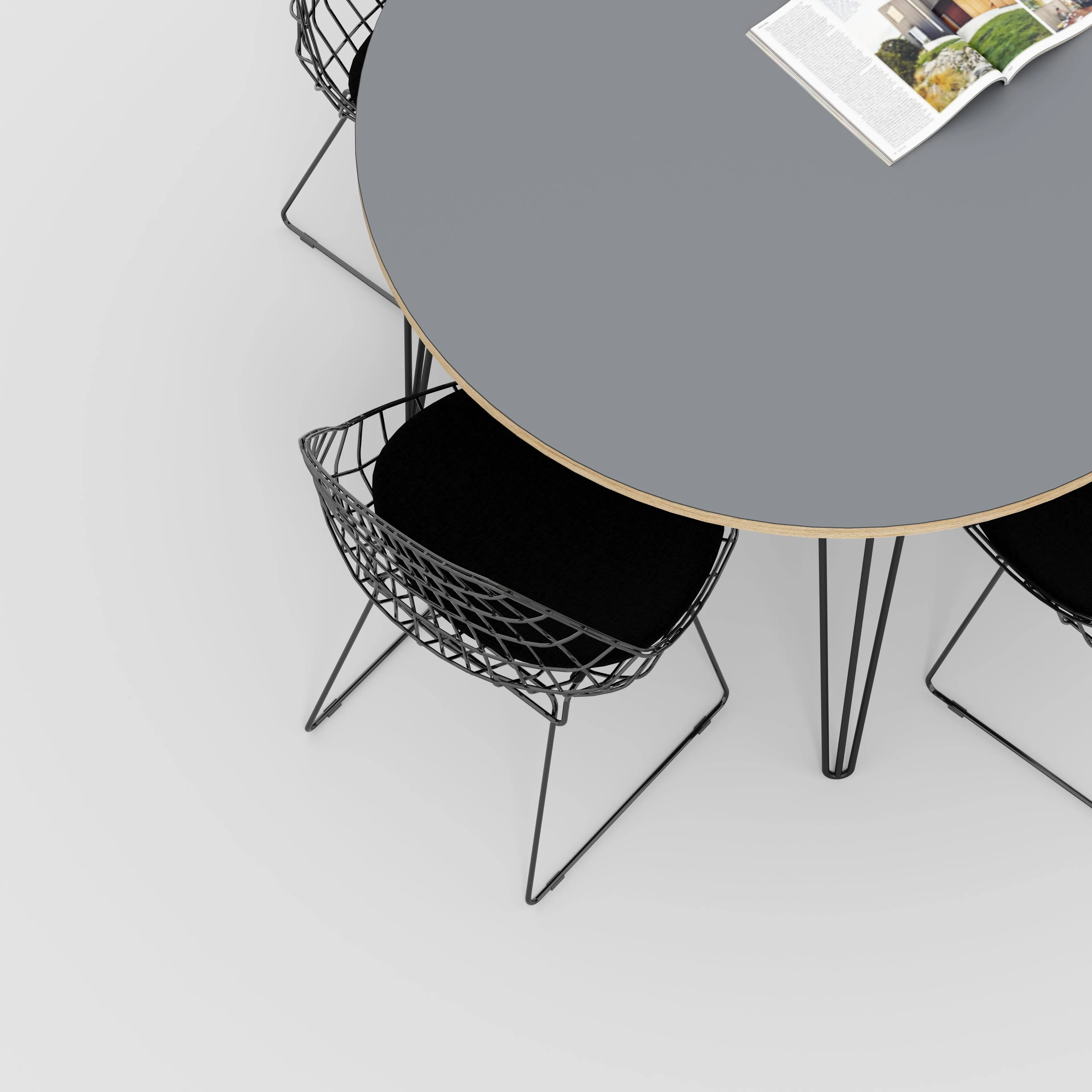 Plywood Round Table with Black Hairpin Legs - Formica Tornado Grey - 1200(dia) x 735(h)