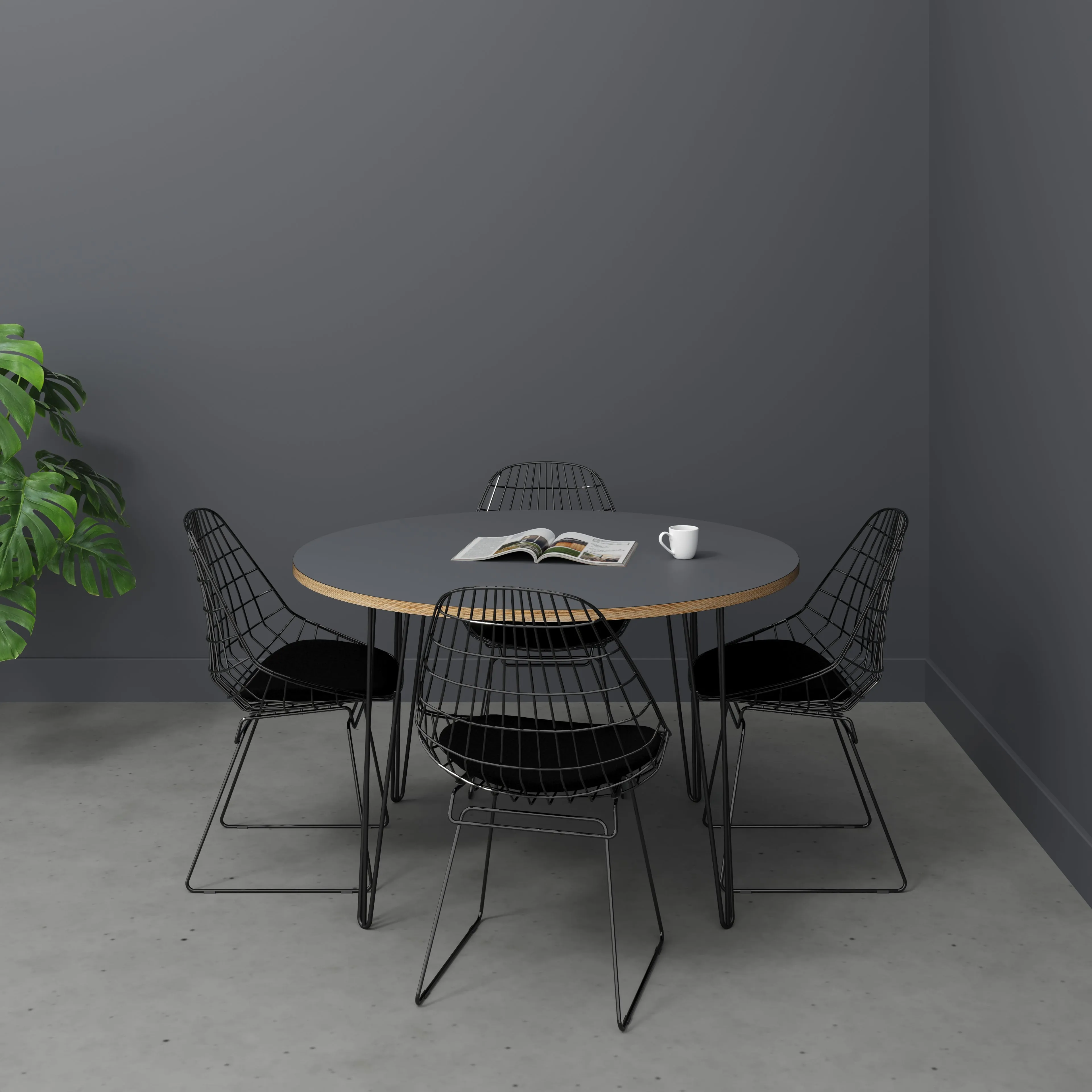 Plywood Round Table with Black Hairpin Legs - Formica Tornado Grey - 1200(dia) x 735(h)