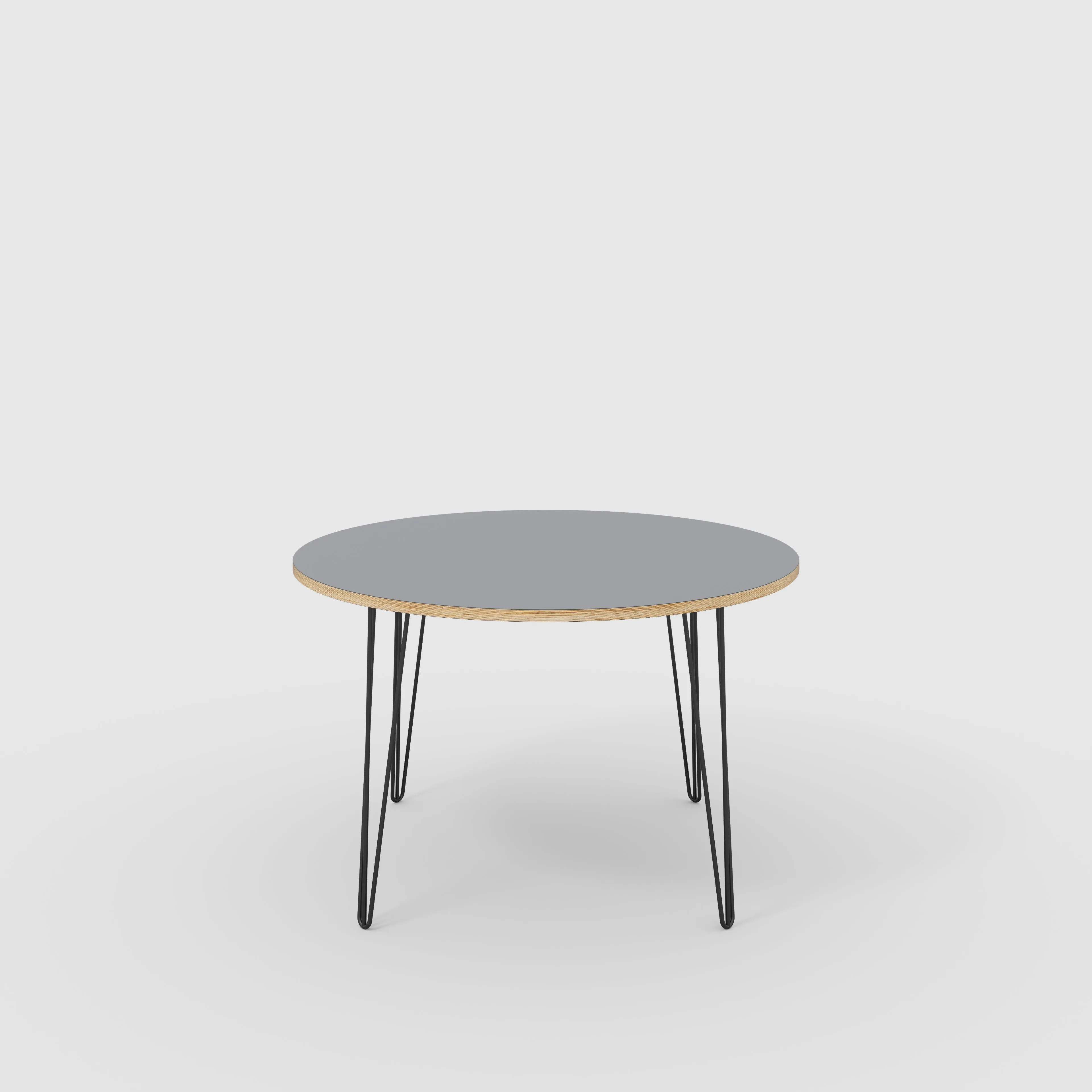 Plywood Round Table with Black Hairpin Legs - Formica Tornado Grey - 1200(dia) x 735(h)