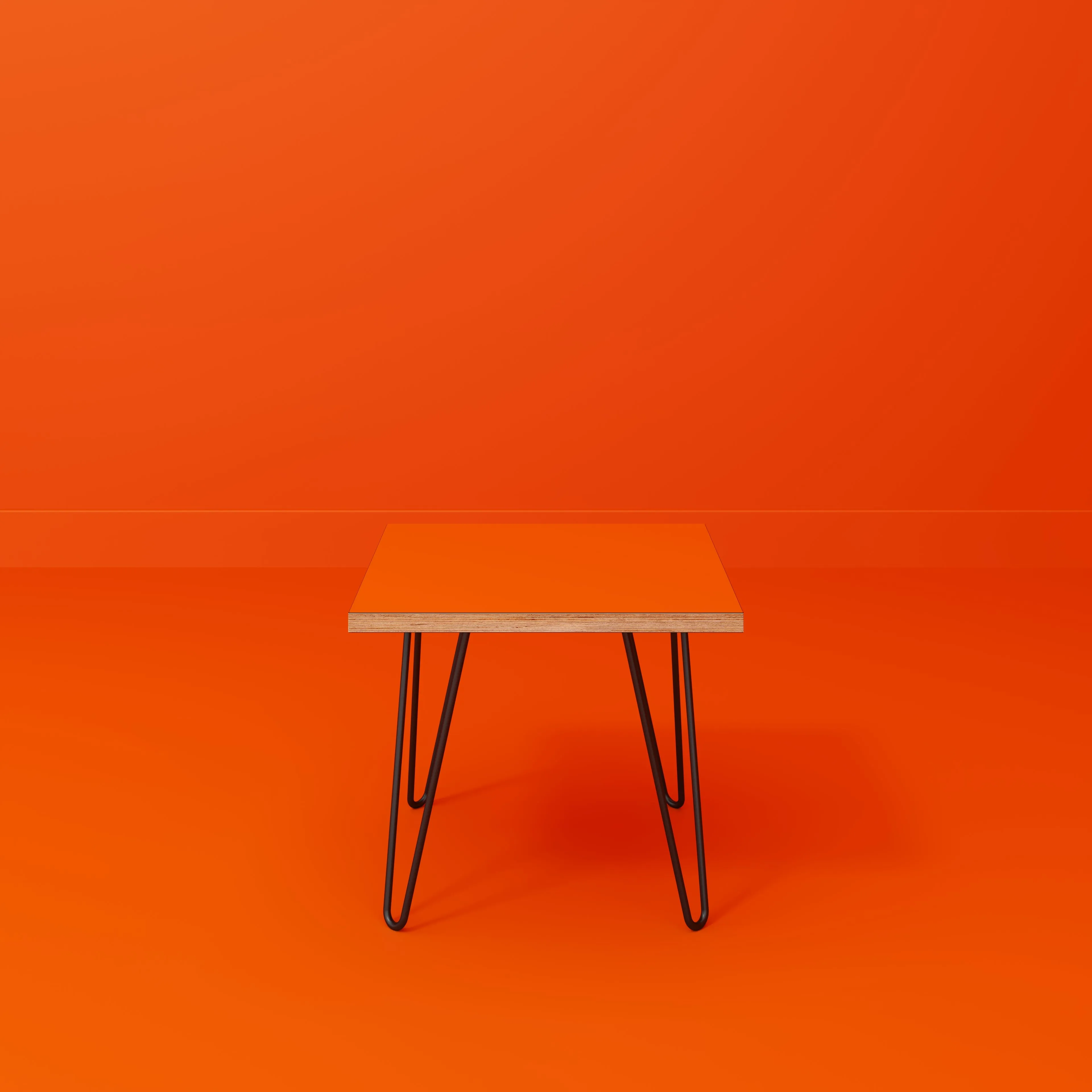 Plywood Side Table with Black Hairpin Legs - Formica Levante Orange - 500(w) x 500(d) x 425(h)