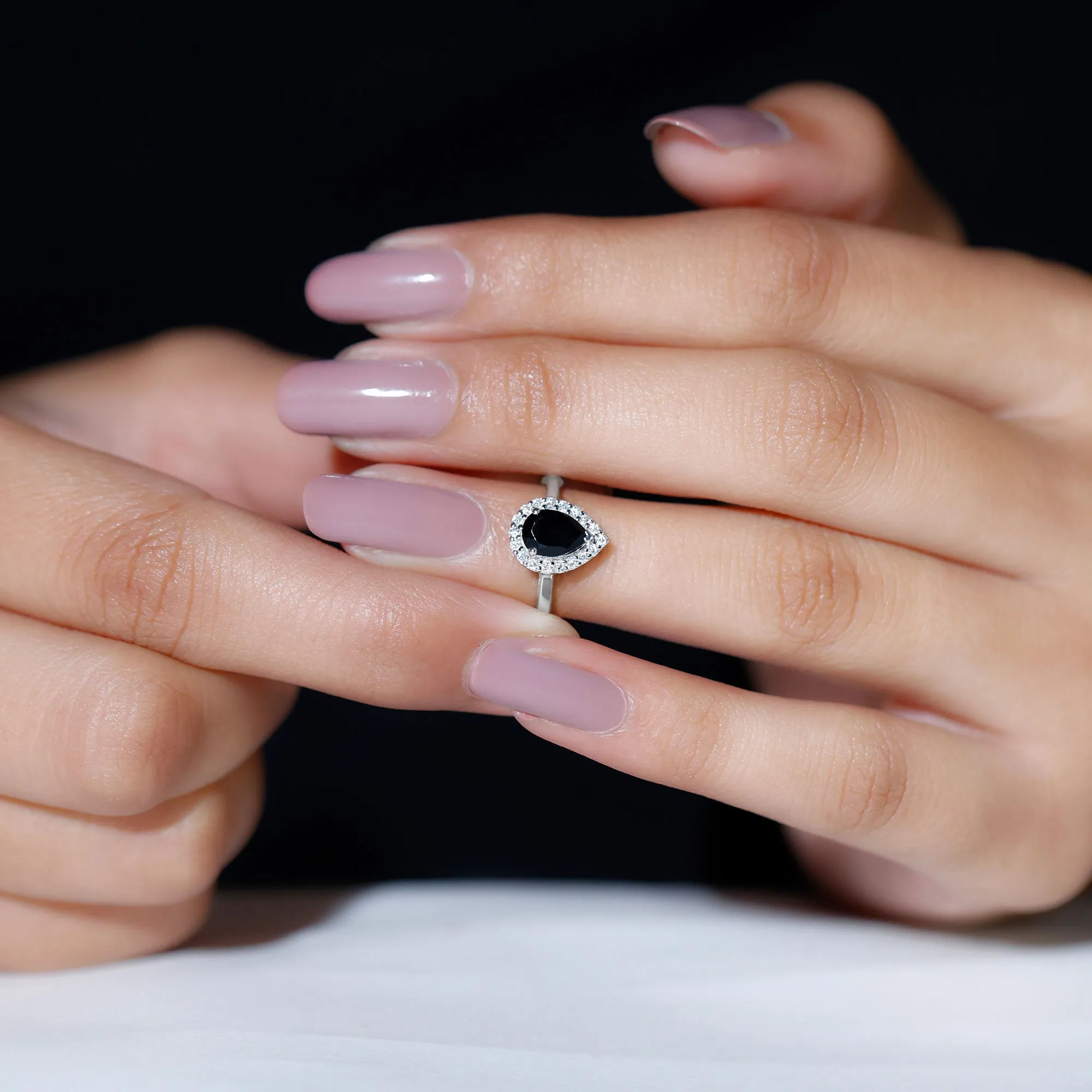 Real Black Spinel Teardrop Engagement Ring With Diamond Halo