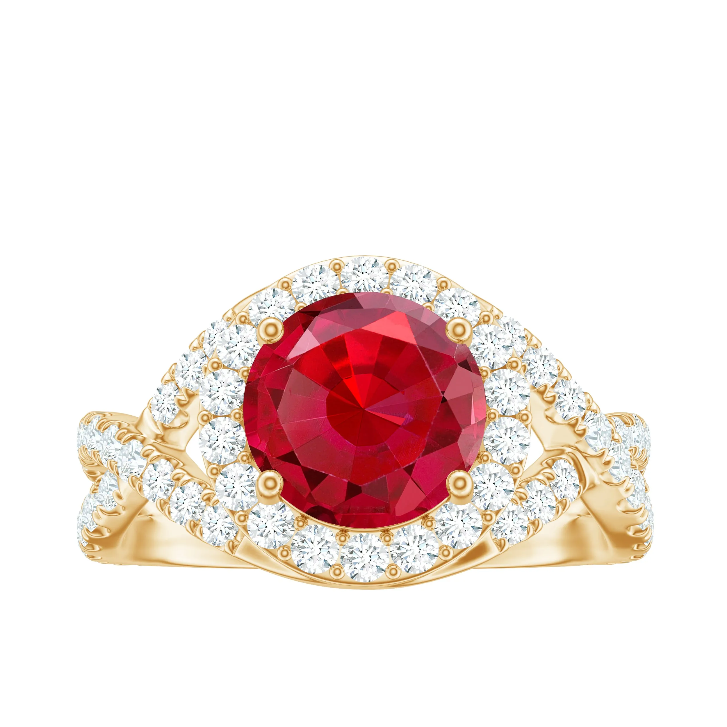 Round Created Ruby Crossover Engagement Ring With Moissanite