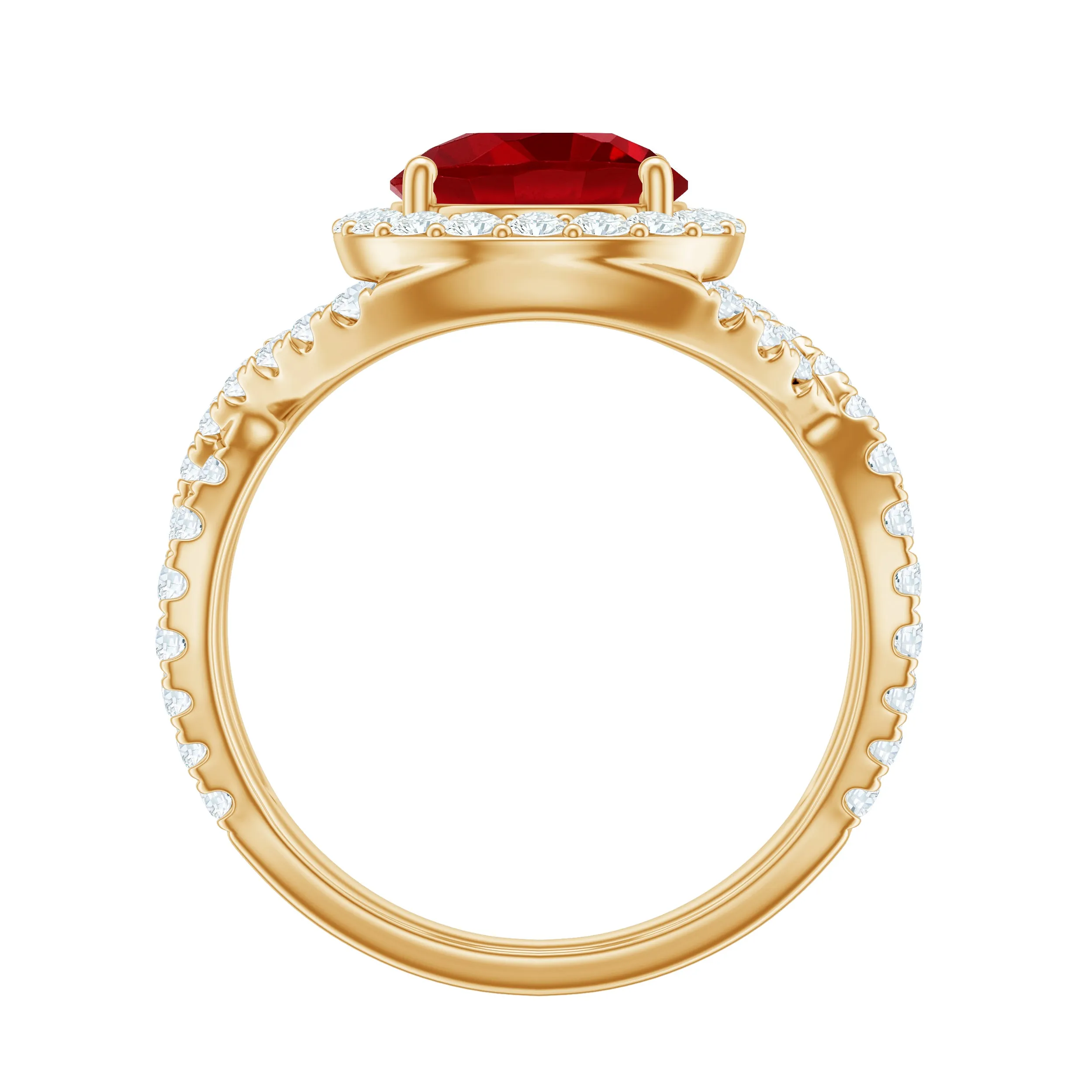 Round Created Ruby Crossover Engagement Ring With Moissanite