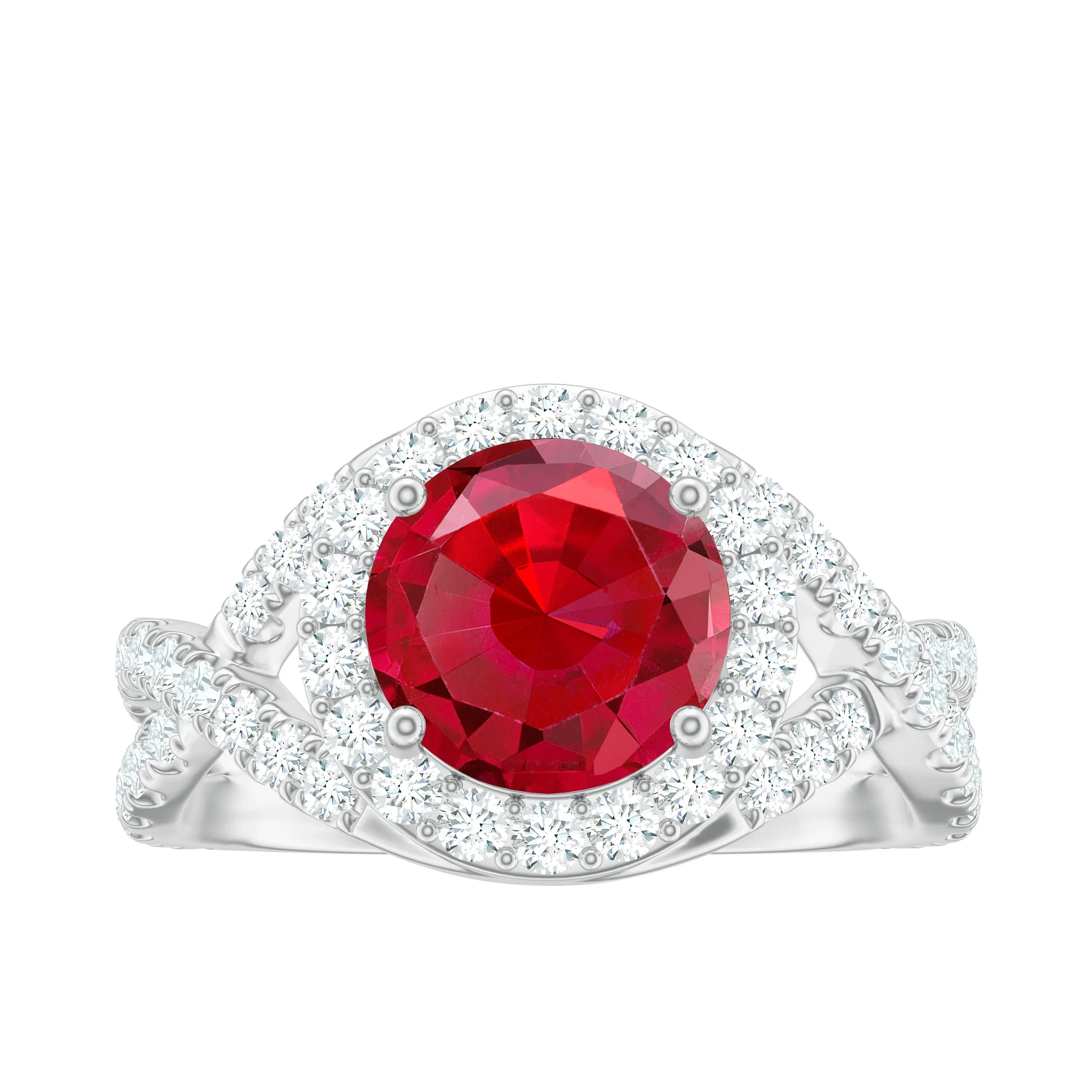 Round Created Ruby Crossover Engagement Ring With Moissanite