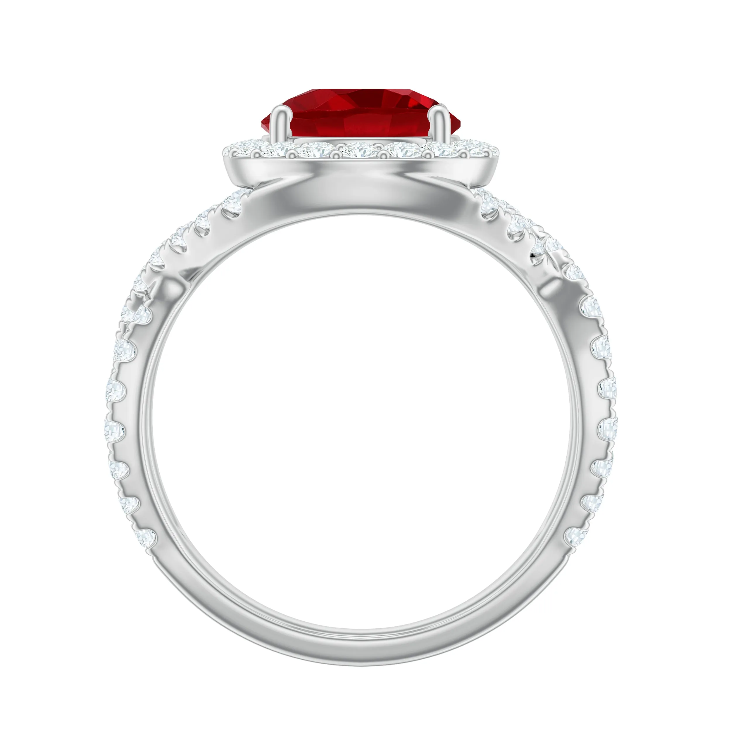 Round Created Ruby Crossover Engagement Ring With Moissanite