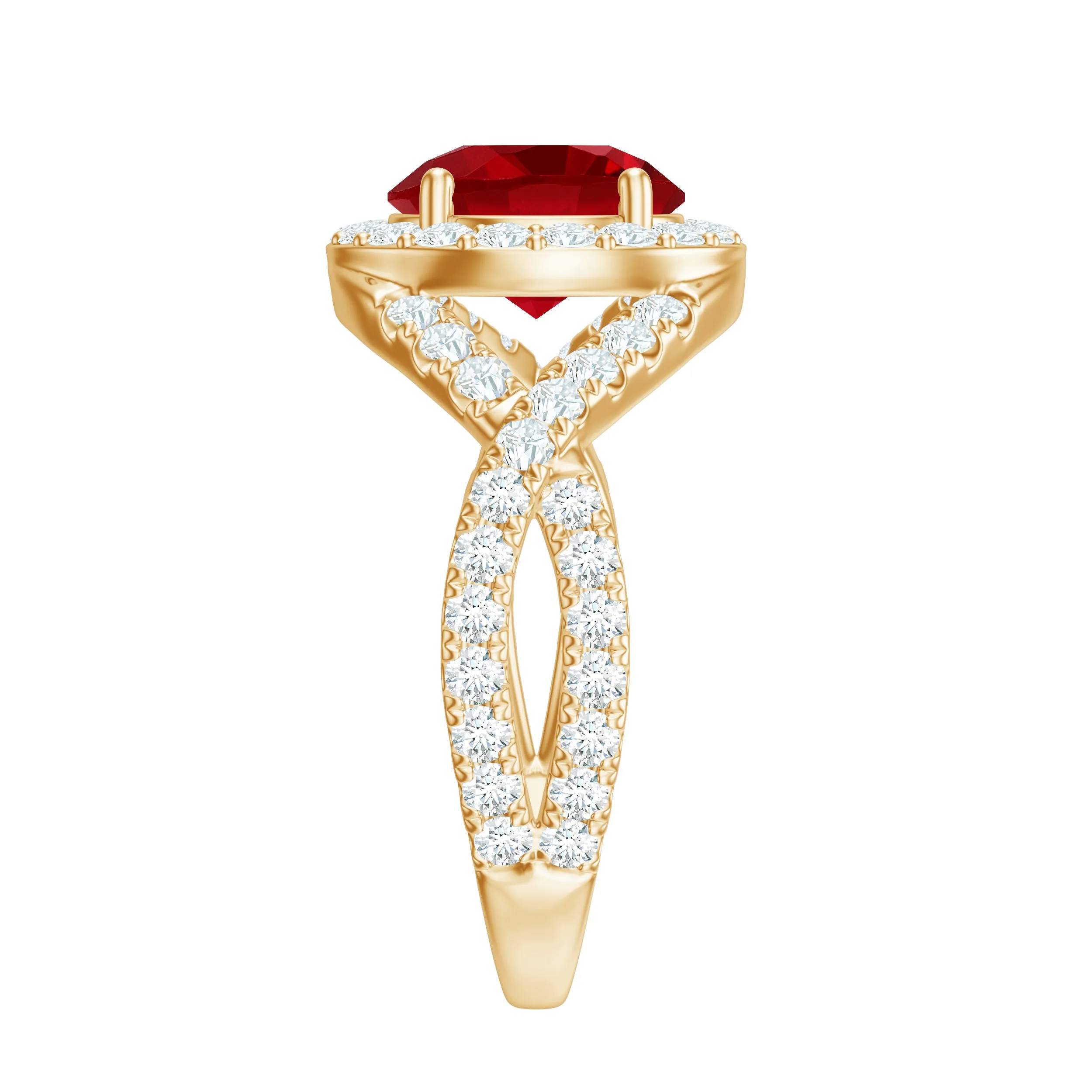 Round Created Ruby Crossover Engagement Ring With Moissanite