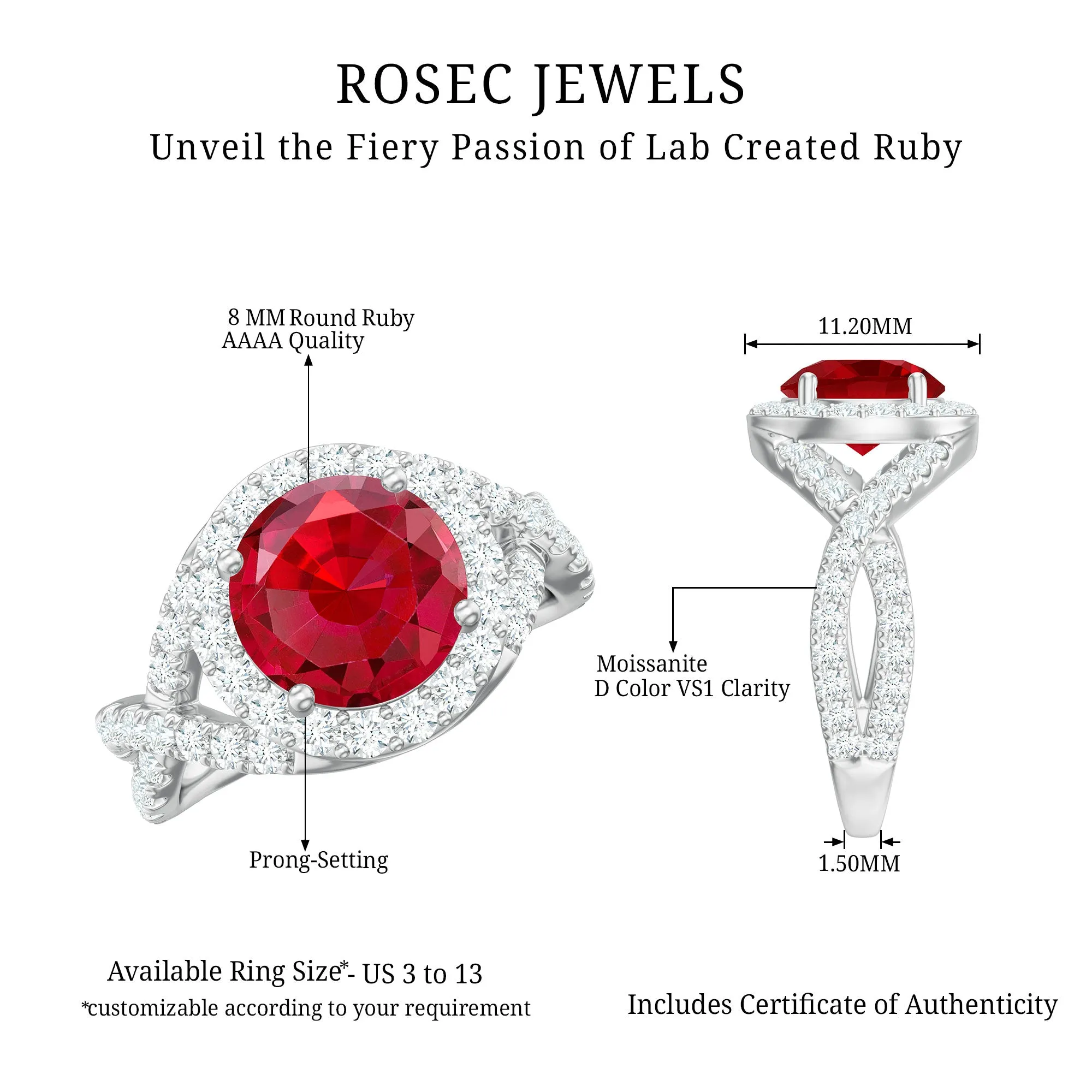 Round Created Ruby Crossover Engagement Ring With Moissanite