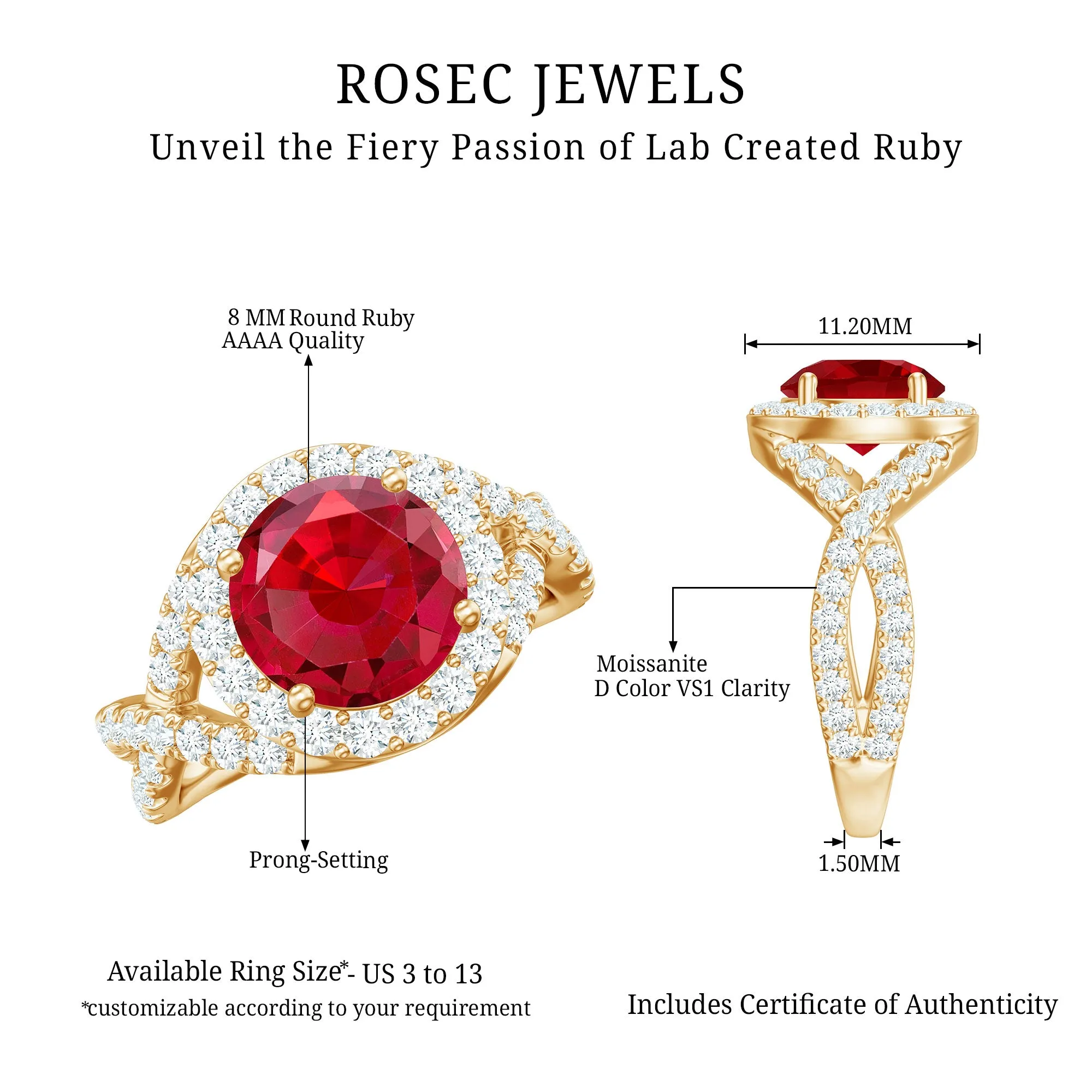 Round Created Ruby Crossover Engagement Ring With Moissanite