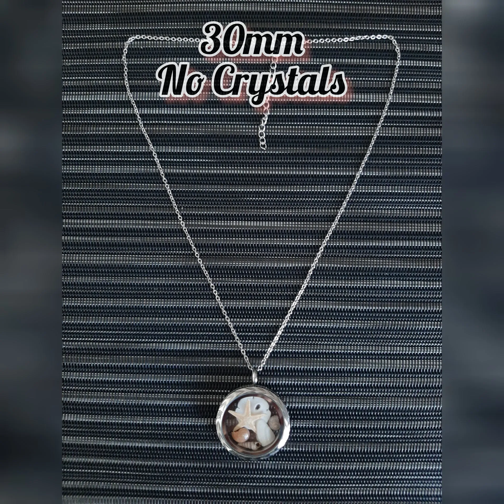 Seashell Locket with 18   2" Chain or 30" Chain - Round Stainless Steel Solid Bezel