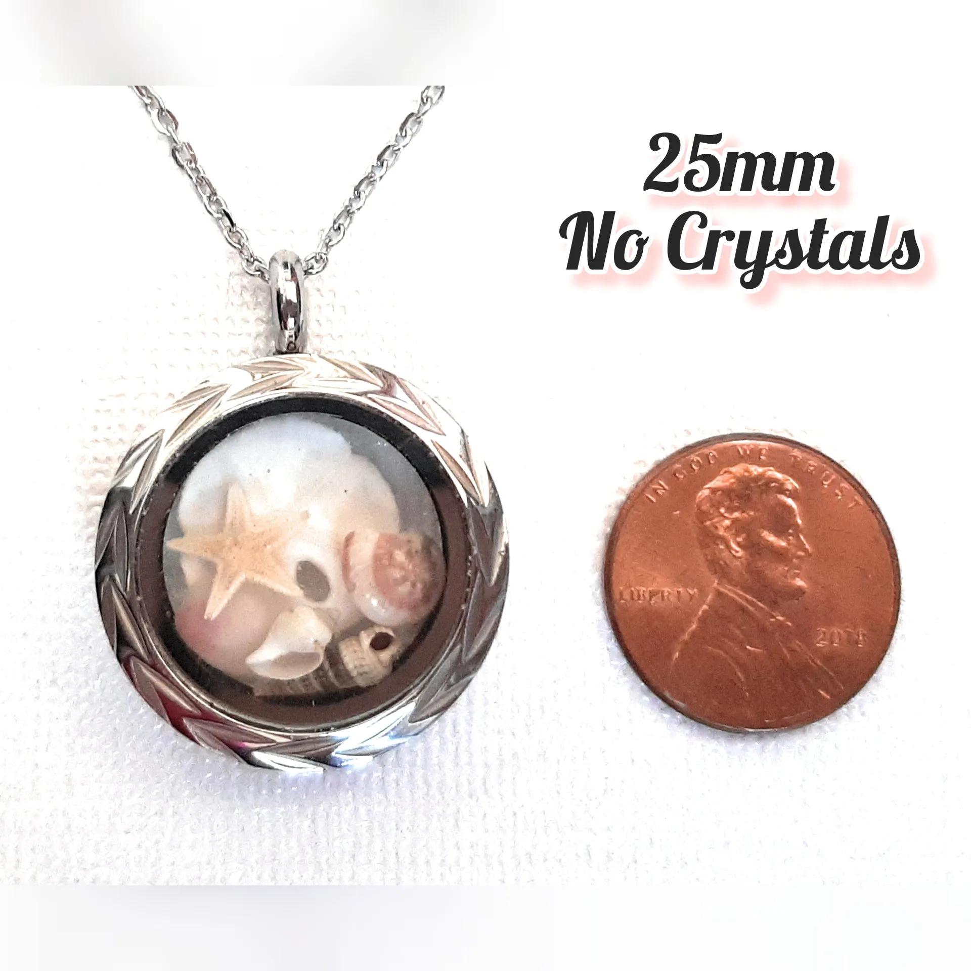 Seashell Locket with 18   2" Chain or 30" Chain - Round Stainless Steel Solid Bezel