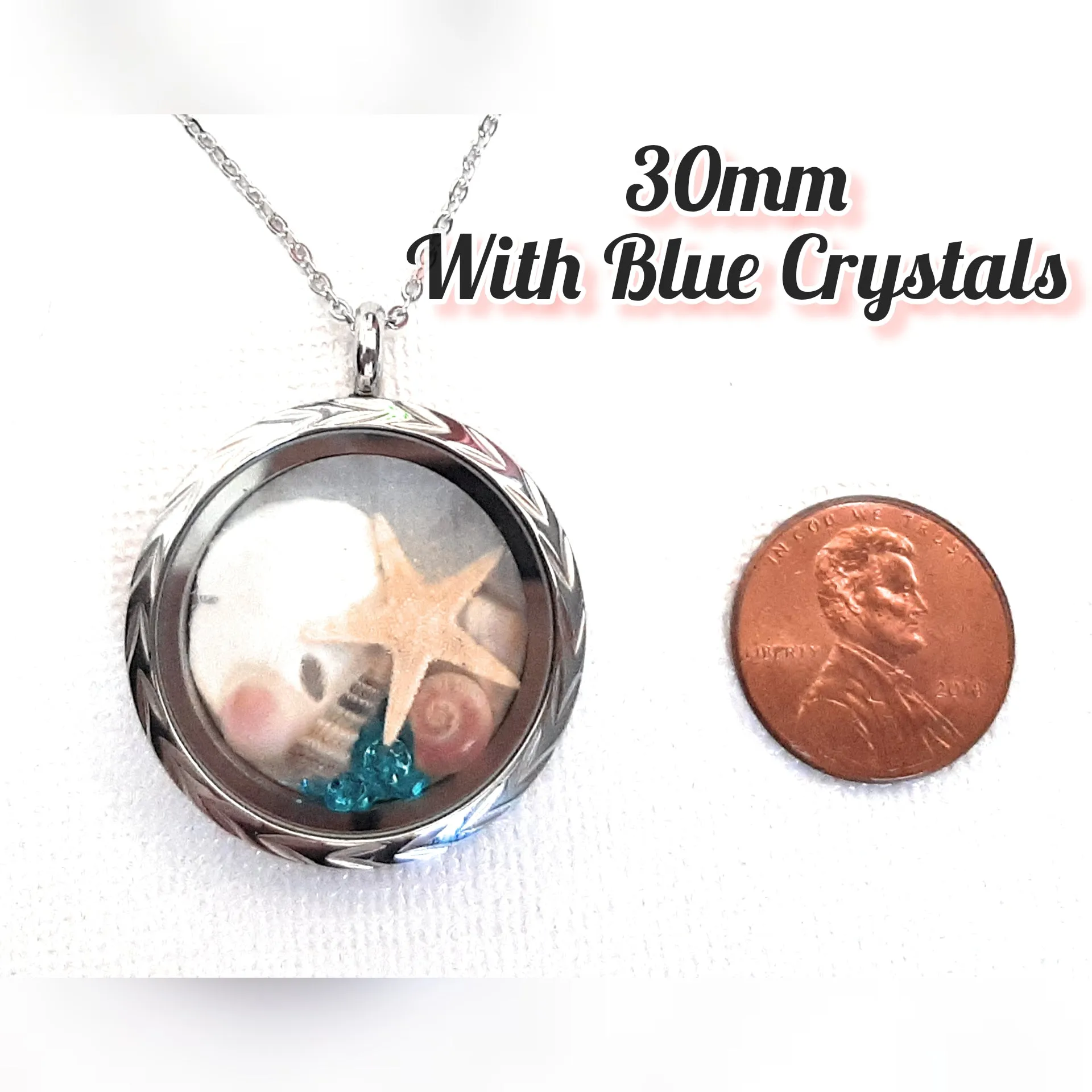 Seashell Locket with 18   2" Chain or 30" Chain - Round Stainless Steel Solid Bezel