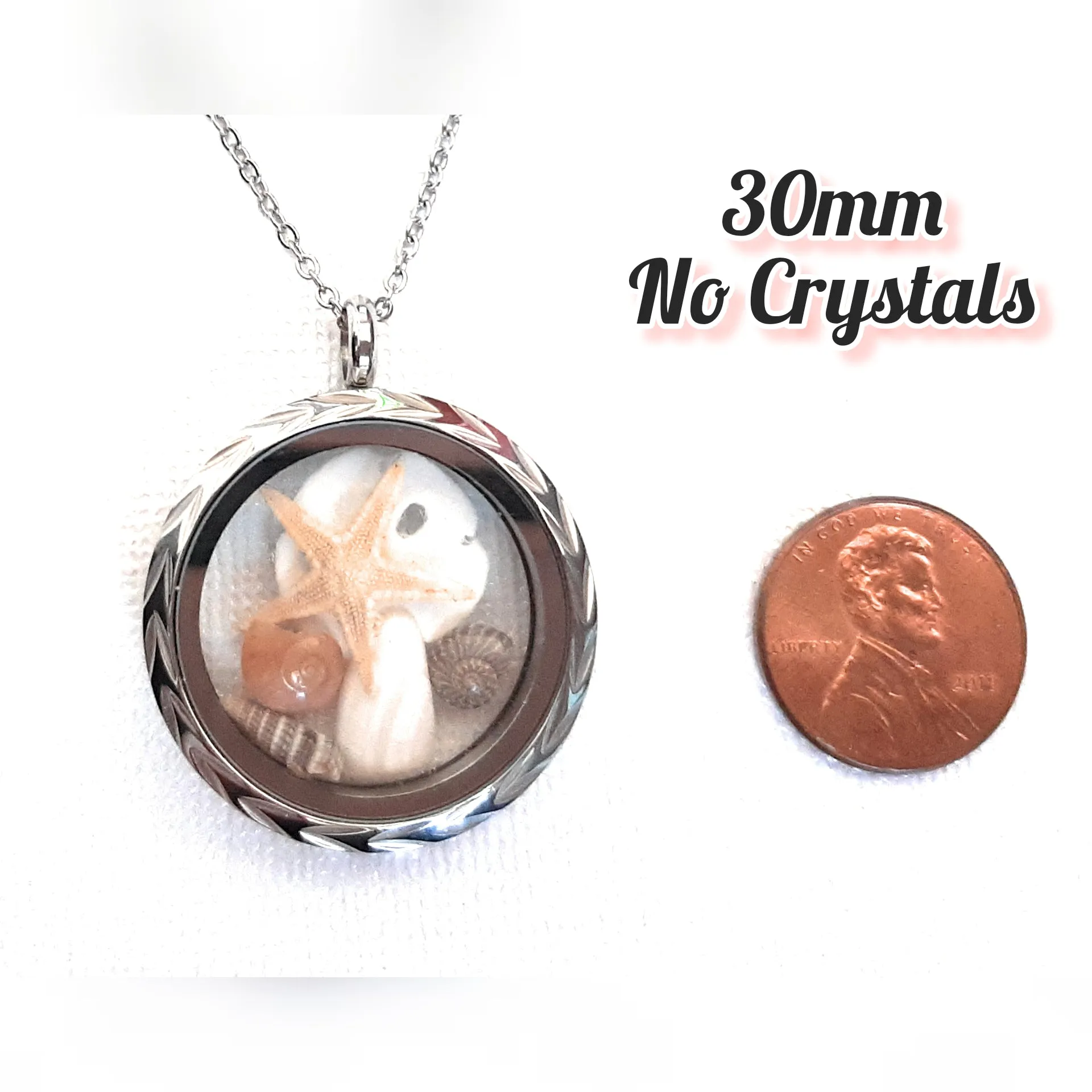 Seashell Locket with 18   2" Chain or 30" Chain - Round Stainless Steel Solid Bezel