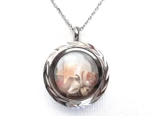 Seashell Locket with 18   2" Chain or 30" Chain - Round Stainless Steel Solid Bezel