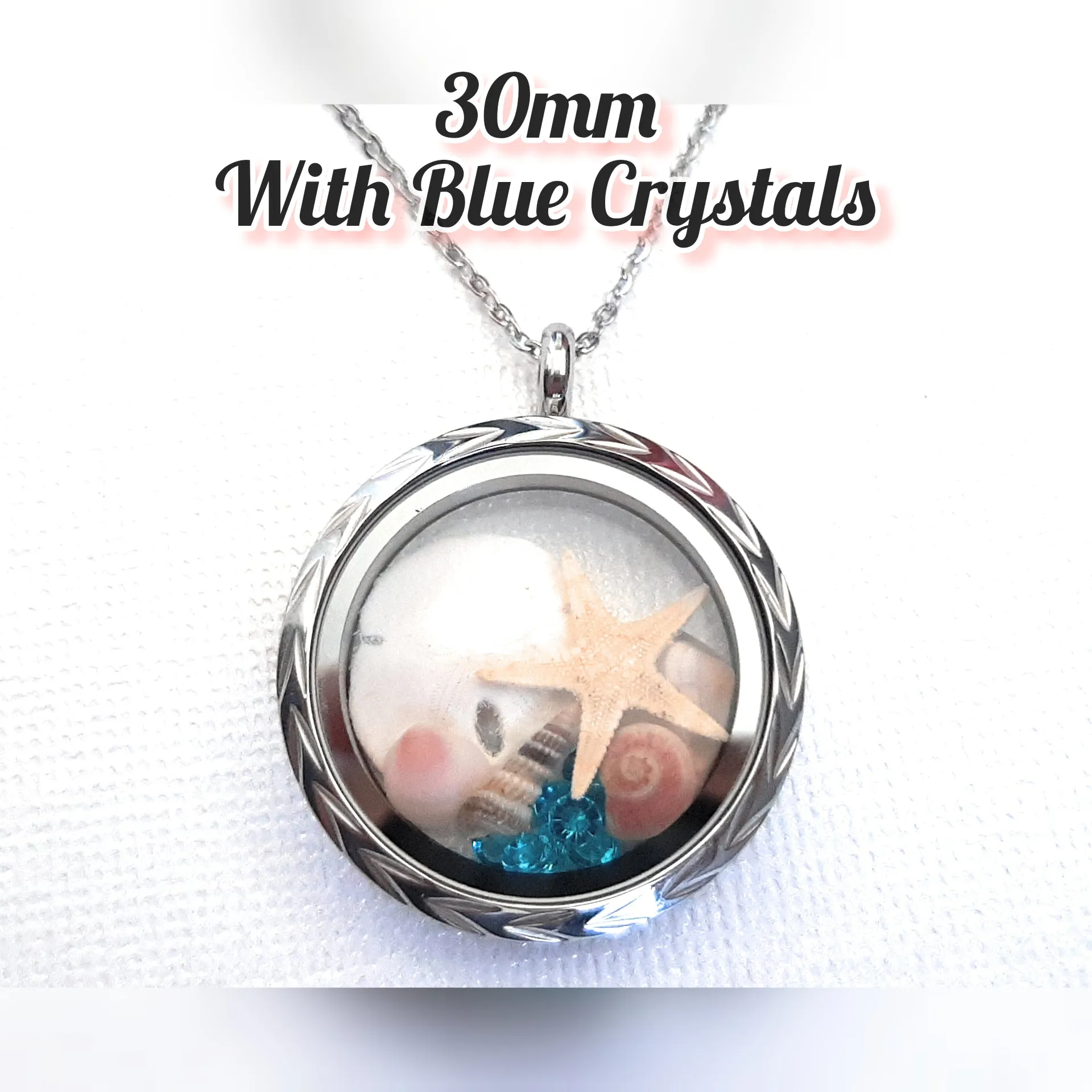 Seashell Locket with 18   2" Chain or 30" Chain - Round Stainless Steel Solid Bezel