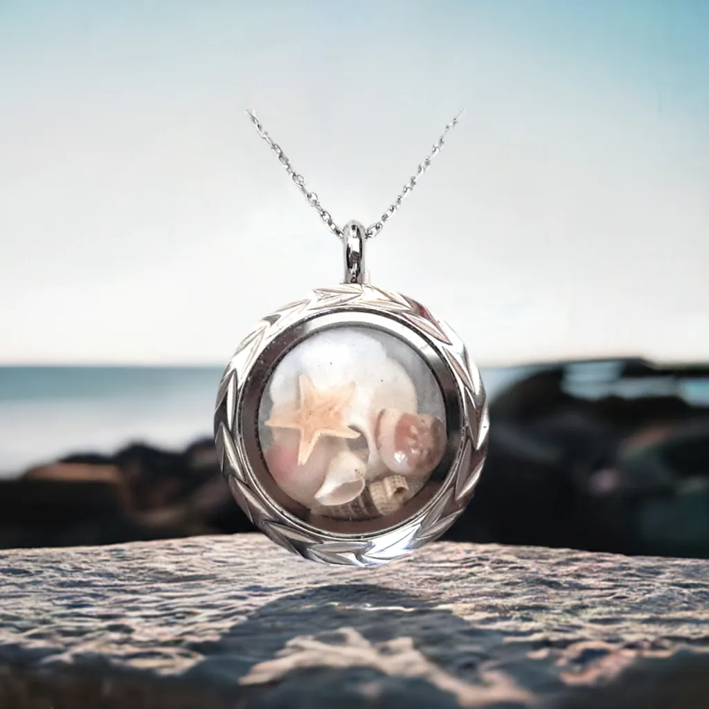 Seashell Locket with 18   2" Chain or 30" Chain - Round Stainless Steel Solid Bezel