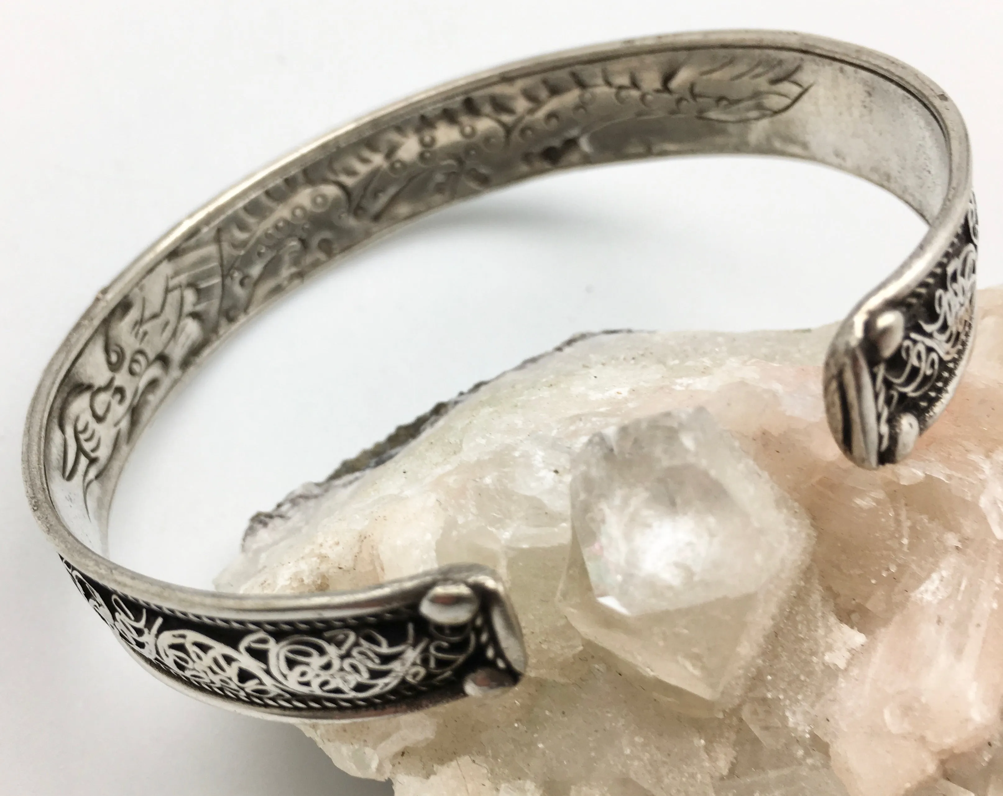 Silver and Turquoise Vintage Nepali Om Mani Padme Hum Cuff Bracelet with Dragon