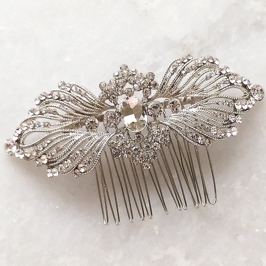 Silver art deco vintage style hair comb, silver crystal hair comb