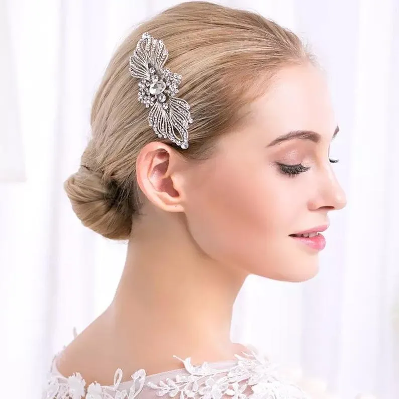 Silver art deco vintage style hair comb, silver crystal hair comb