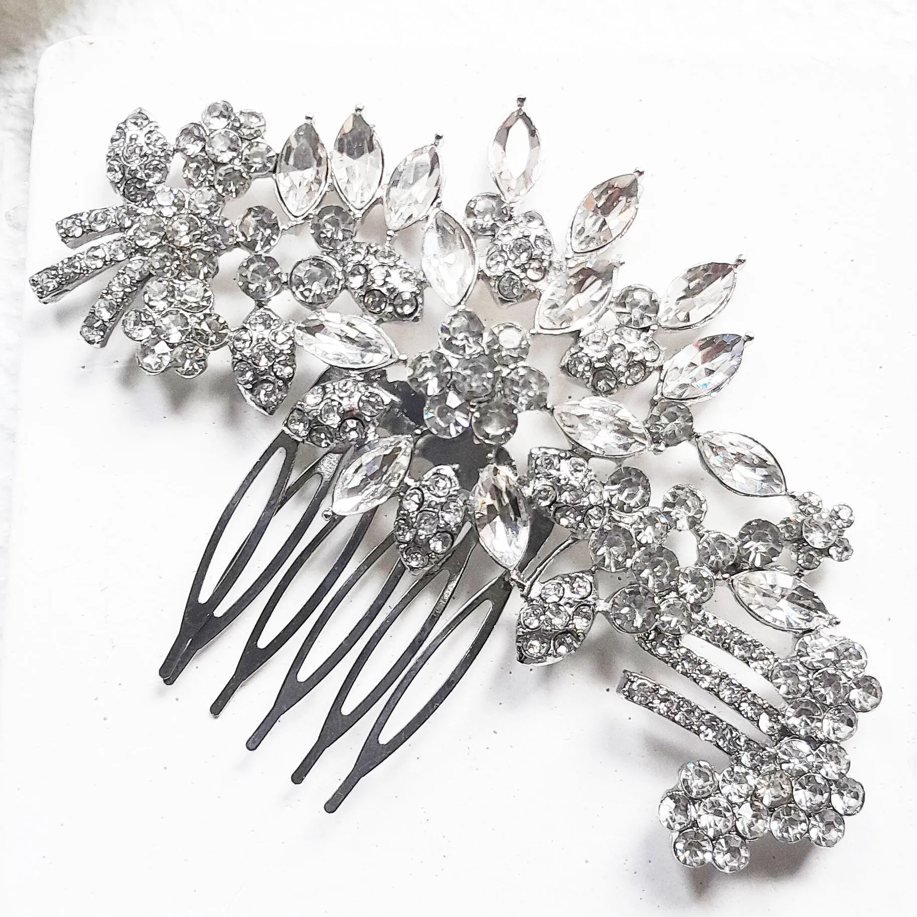 Silver crystal bridal hair comb side