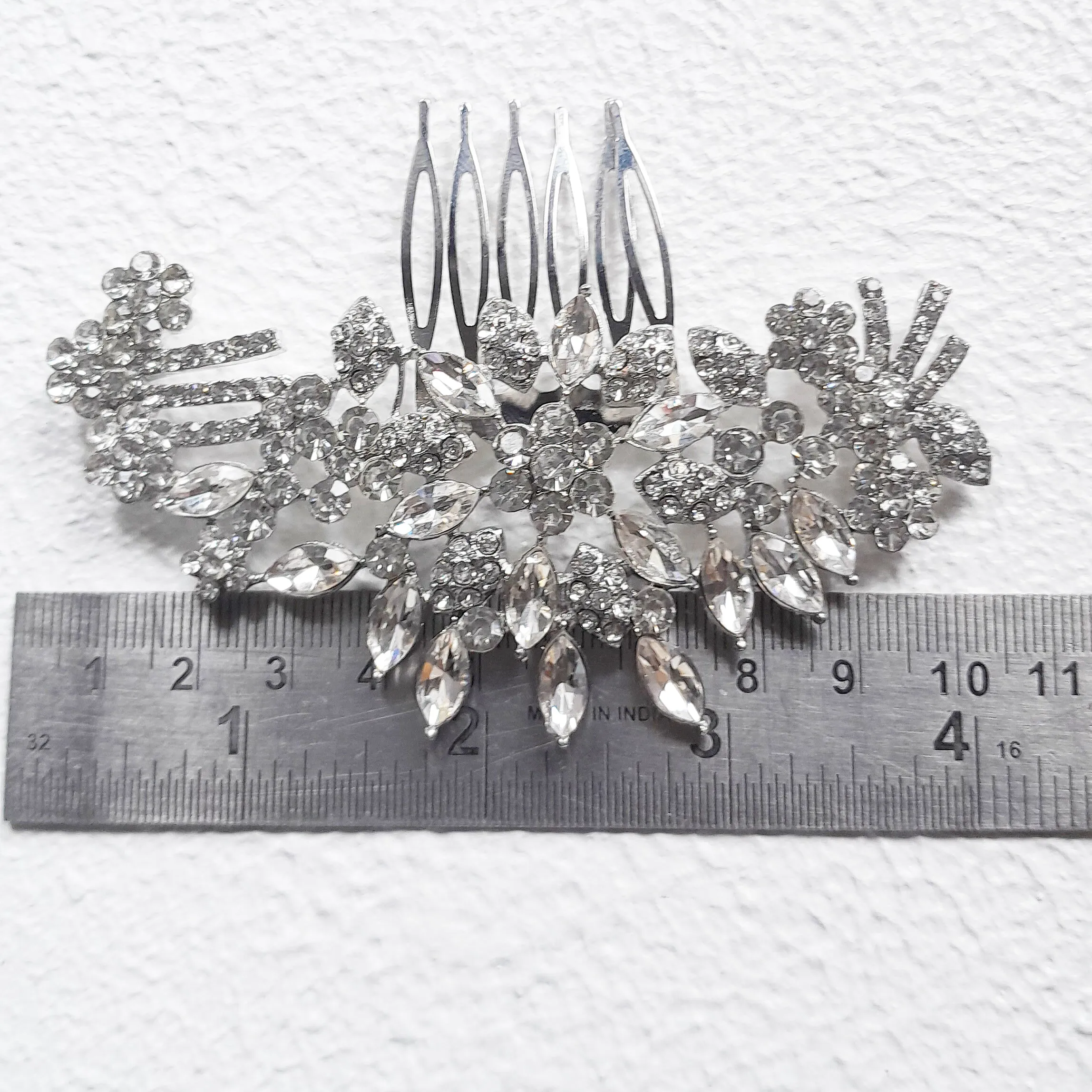 Silver crystal bridal hair comb side