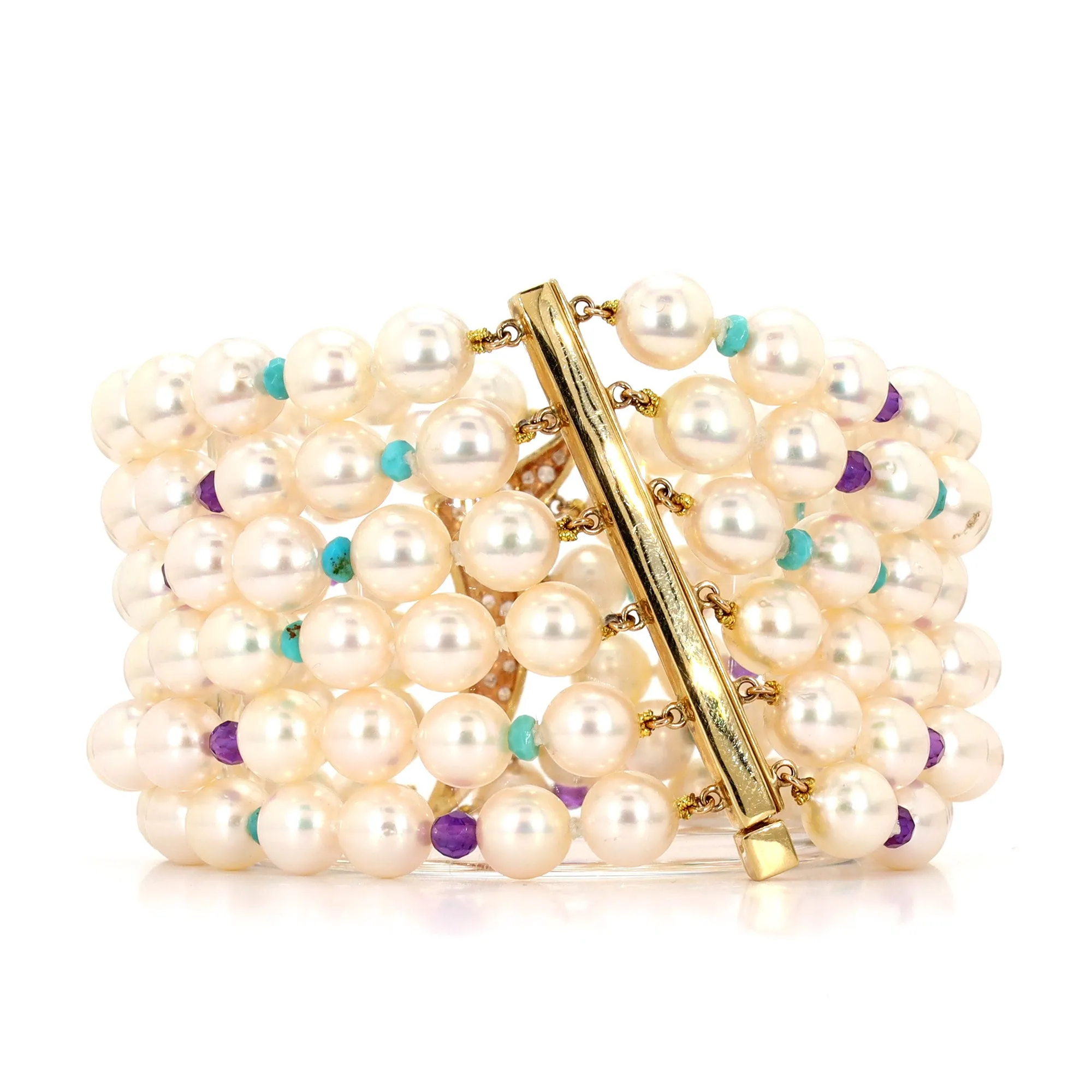 Six-Strand Pearl, Amethyst, Turquoise, and Diamond Bracelet