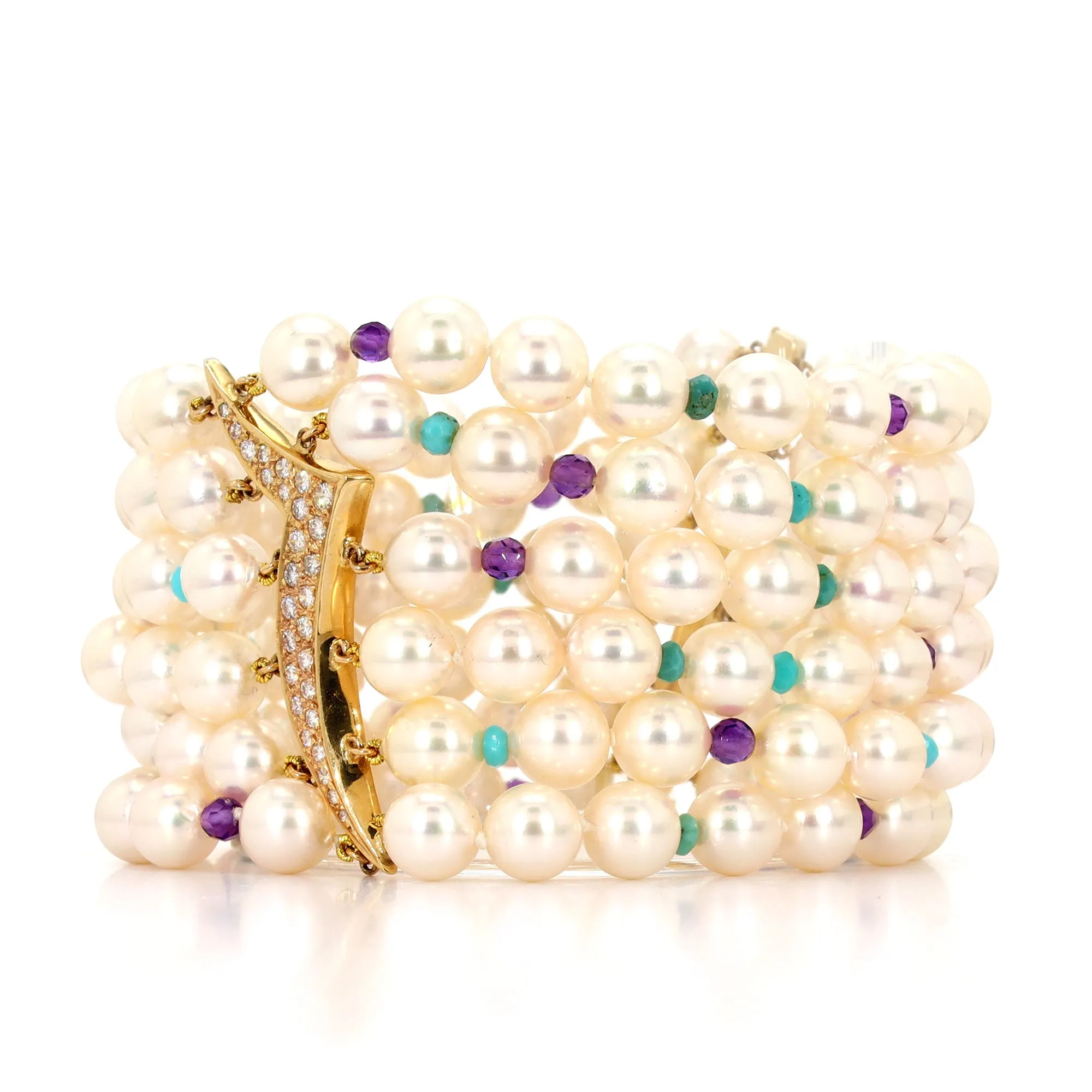 Six-Strand Pearl, Amethyst, Turquoise, and Diamond Bracelet