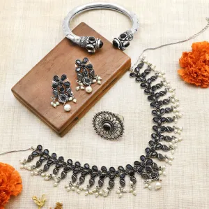 Teejh Zoya black stone silver oxidized jewellery gift set