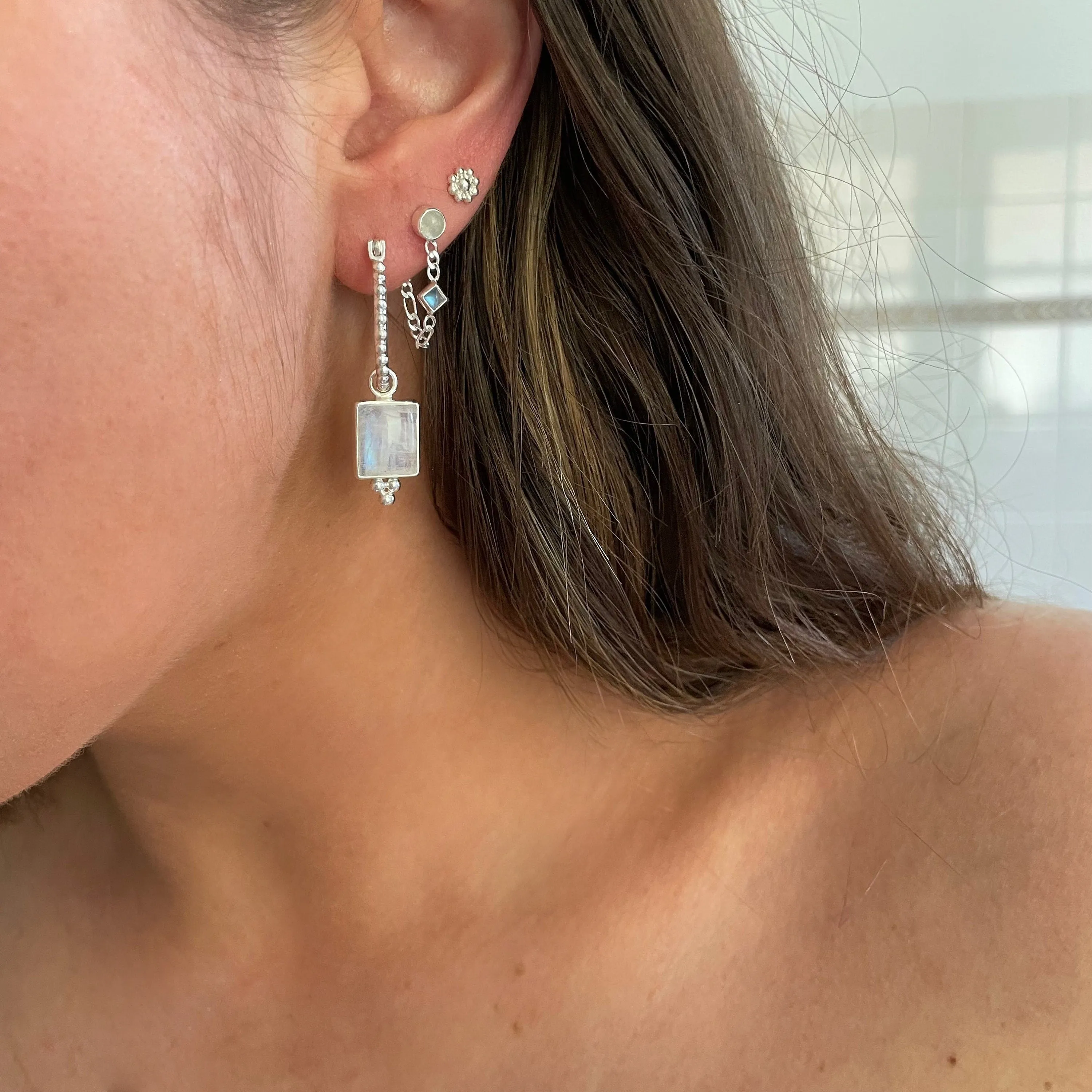 Thalia Sterling Silver Rainbow Moonstone Hoop Earrings