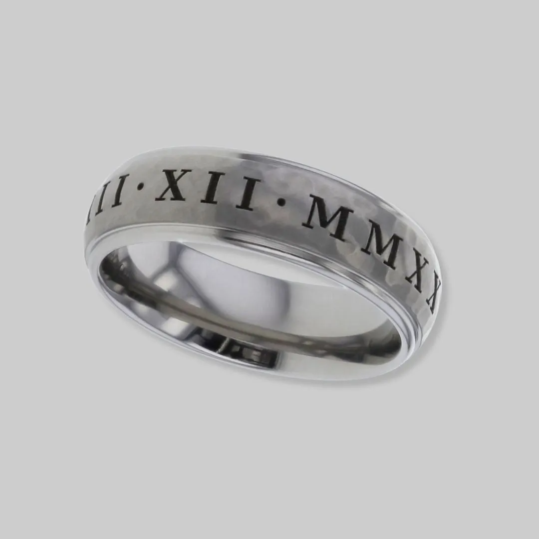 Titanium Ring With Stepped Shoulders & Laser Engraved Roman Numerals