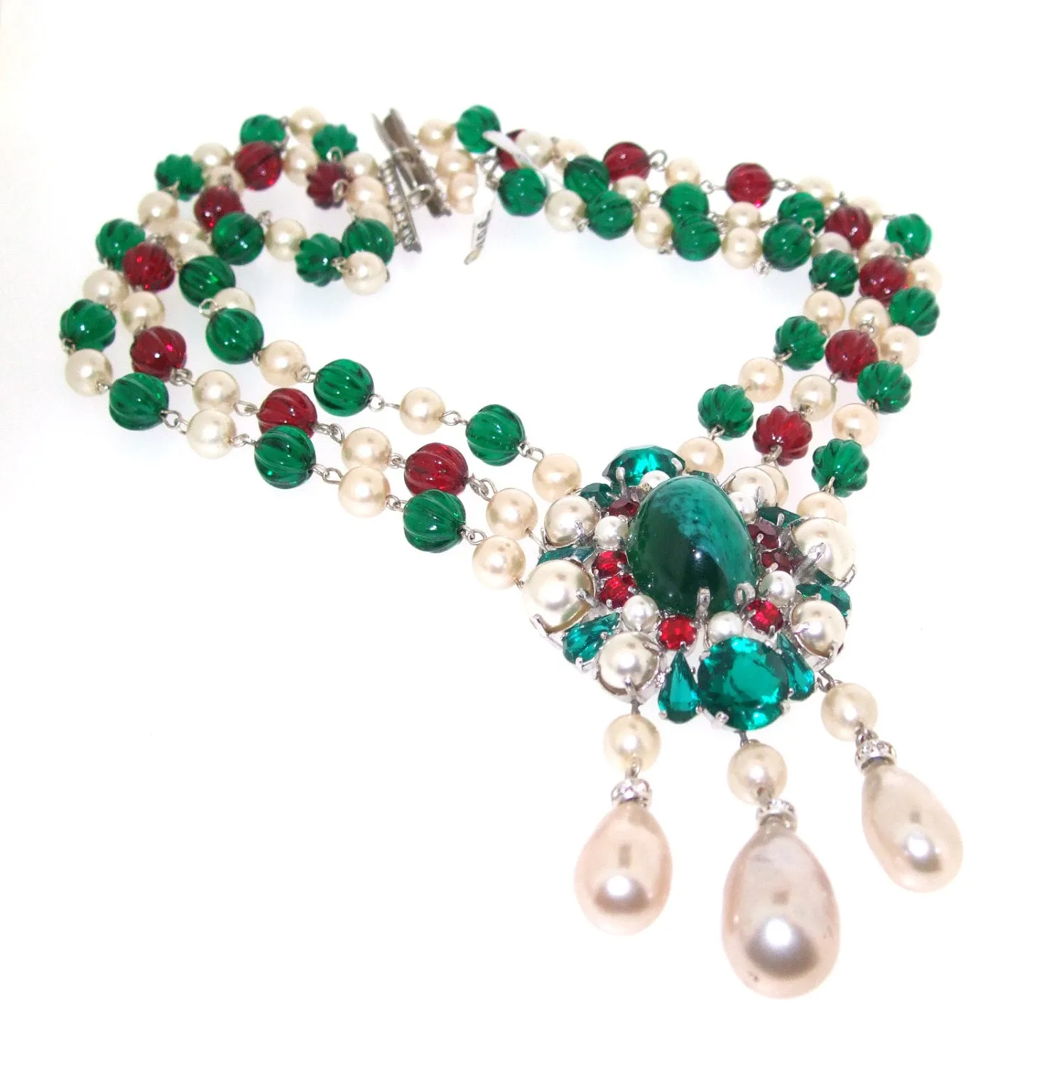 Vintage 1960 Christian Dior Necklace triple row glass bead and pearl necklace