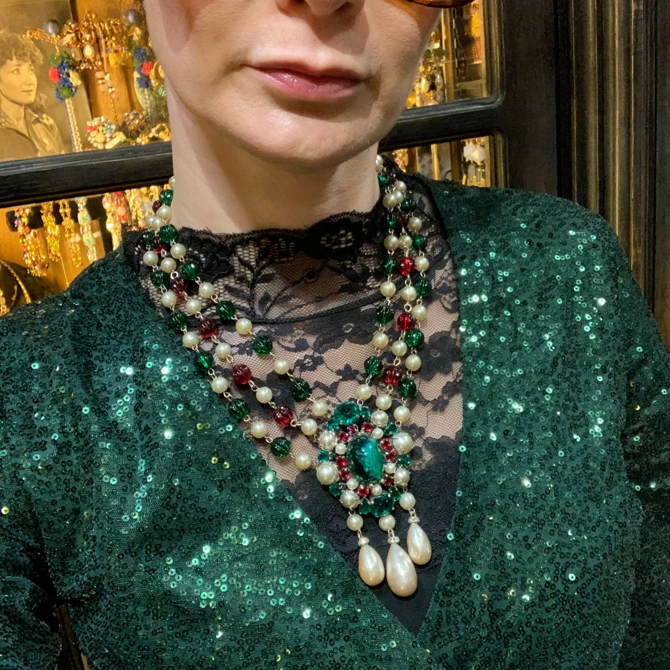 Vintage 1960 Christian Dior Necklace triple row glass bead and pearl necklace