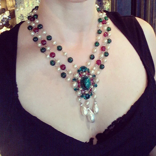 Vintage 1960 Christian Dior Necklace triple row glass bead and pearl necklace
