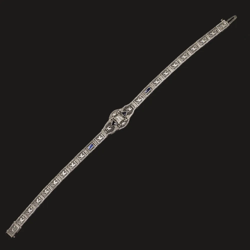 VINTAGE DIAMOND SAPPHIRE 14k WHITE GOLD BRACELET FILIGREE ART DECO BLUE ESTATE