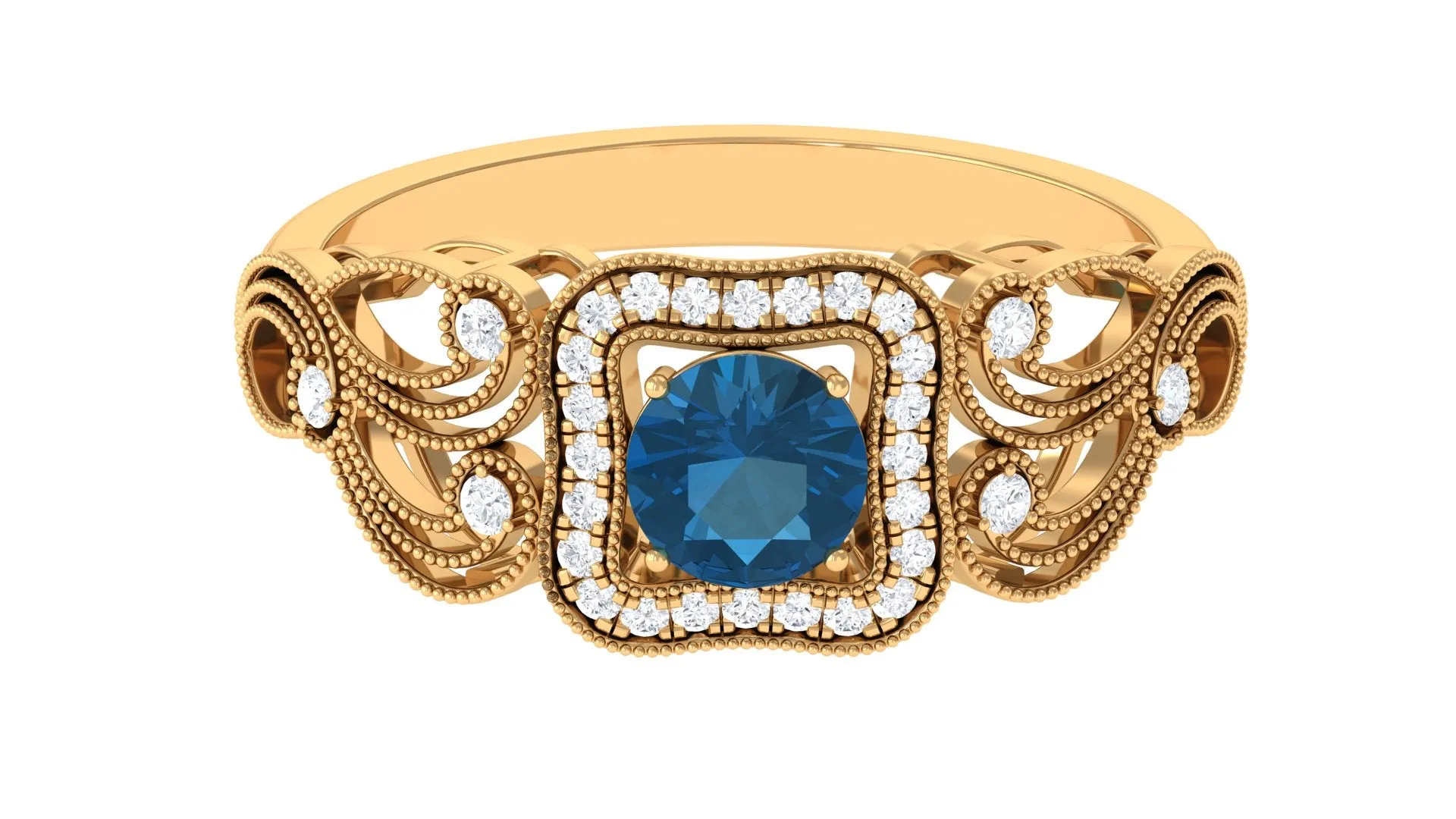 Vintage London Blue Topaz and Diamond Milgrain Engagement Ring