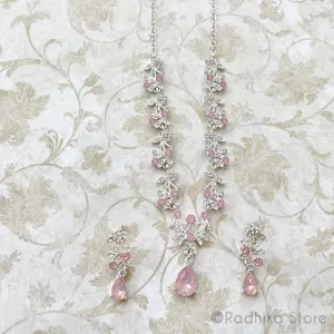 Vrindavan Dew Drops-Rhinestone Deity Necklace And Earring Set- Coral Pink