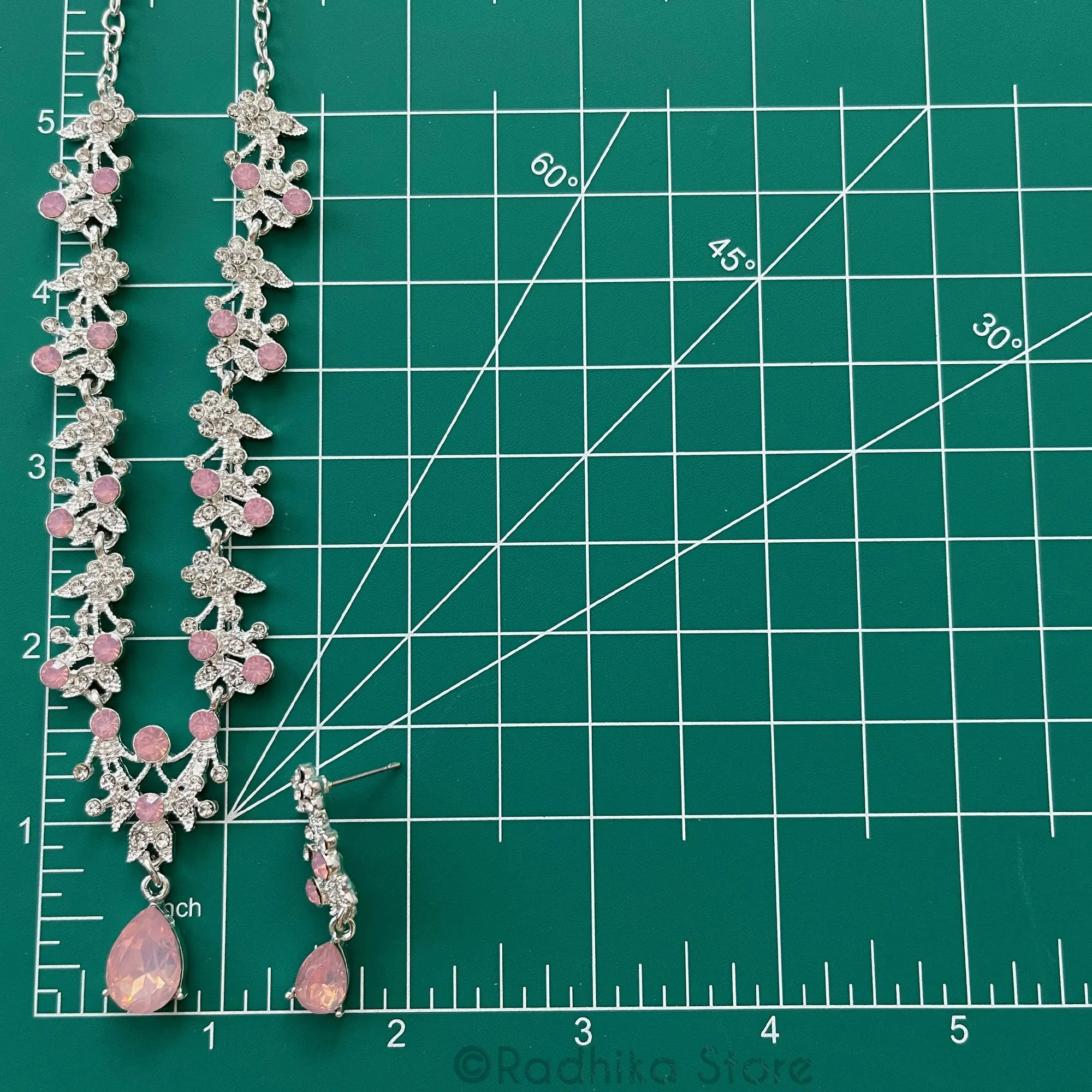 Vrindavan Dew Drops-Rhinestone Deity Necklace And Earring Set- Coral Pink
