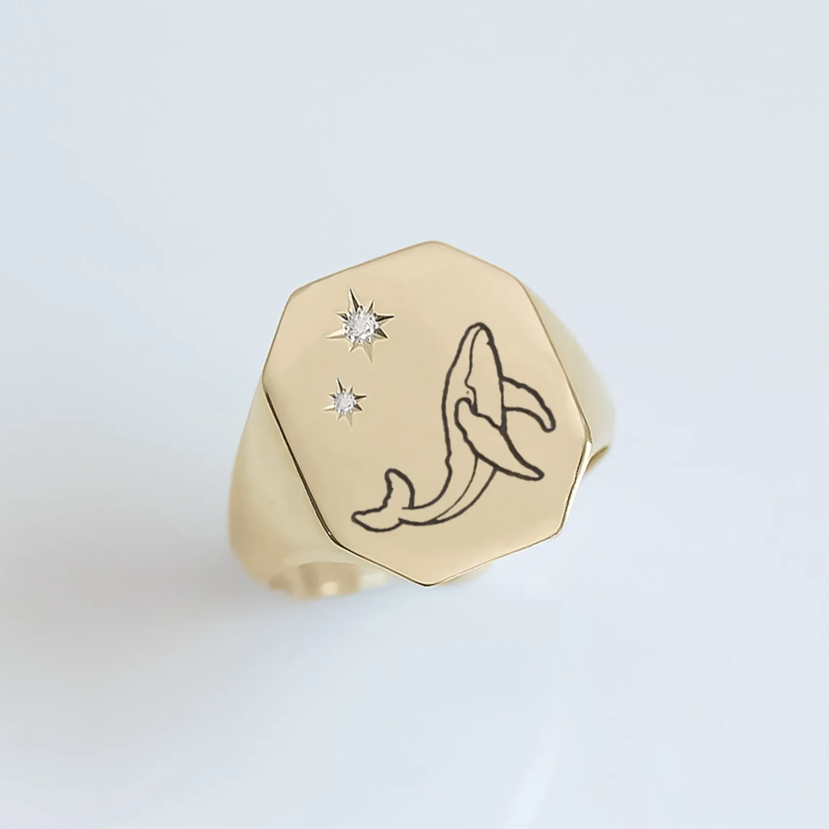 Whale & Stars signet ring 14k gold
